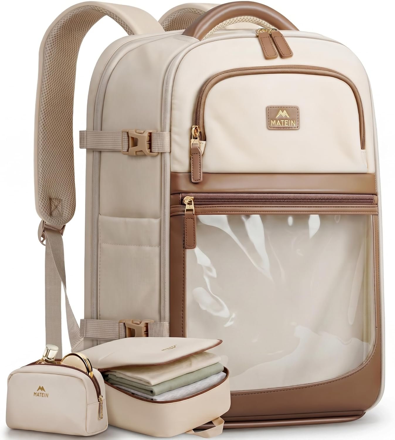 MATEIN HER Aesthetic Travel Backpack with Personalized Display Pocket, TSA Friendly Carry on Personal Item Bag Fits 17″ Laptop & 40oz Tumbler, Water Resistant Weekender Backpack with 2 Packing Cubes