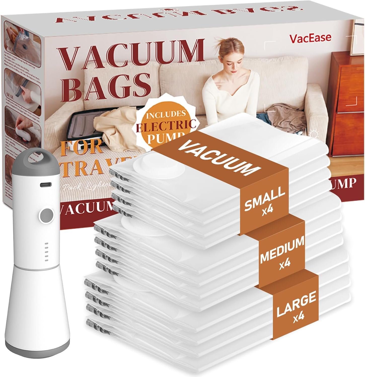 Vacbird Travel Vacuum Storage Bags with Rechargeable Cordless Pump, 12 Pack Vacuum Seal Bags for Clothing(4 Large+4 Medium+4 Small), Compression Packing for Clothes Suitcase Luggage Blanket Pillows