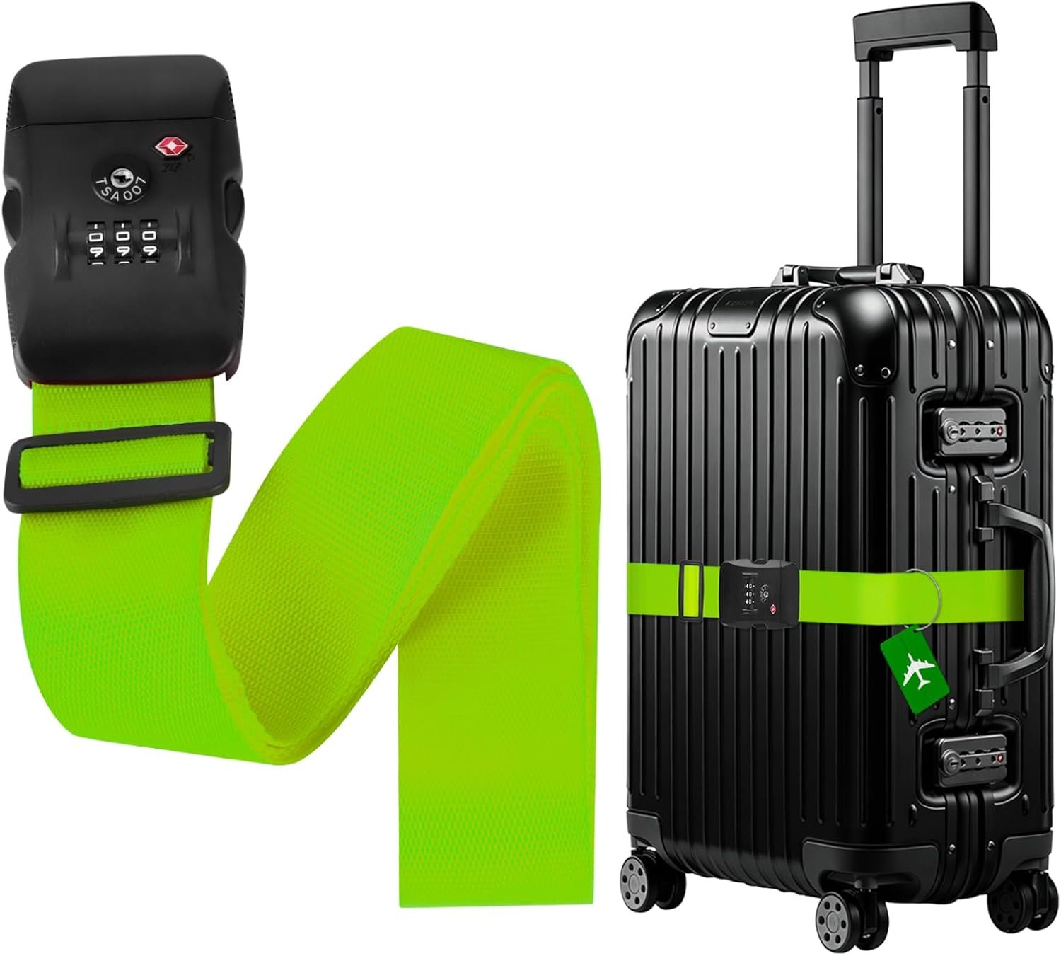 BILIONE Luggage Straps for Suitcases TSA Approved, Heavy Duty Travel Belt with Combination Lock and Tag, Adjustable Luggage Identifiers Band (Green)