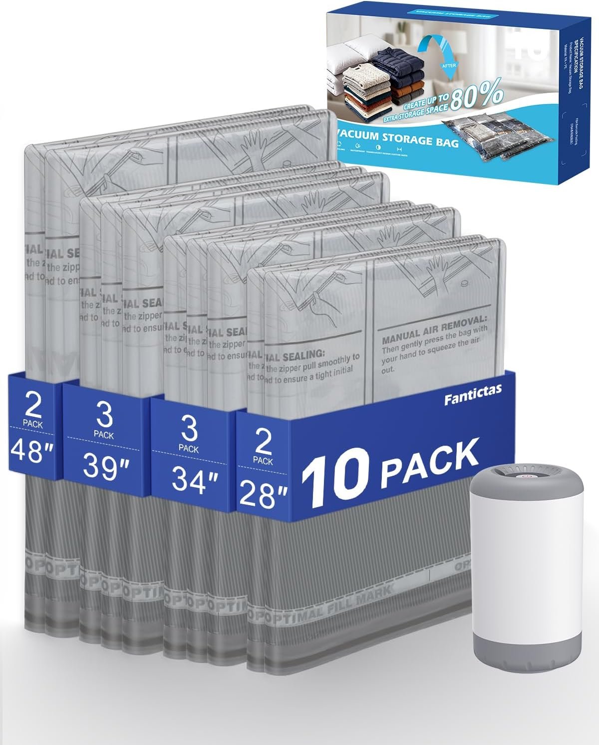 Fantictas Travel Vacuum Storage Bags with Rechargeable Air Pump, 10 Pack Portable Space Saver Bags, Compression Bags for Clothing, Bedding, Seasonal Storage & Packing Bags for Moving
