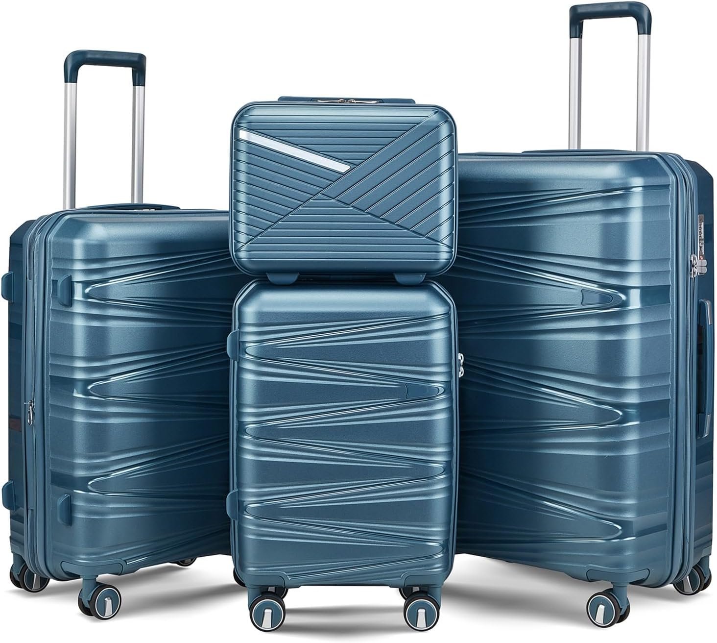 TRAVELEO 4 Piece Luggage Set PP Hardshell, Expandable Suitcase Set (20/24/28) with 14″ Cosmetic Case, Lightweight Spinner Wheels with TSA Lock, Detachable Wheels for Nesting Storage (Peacock Blue)