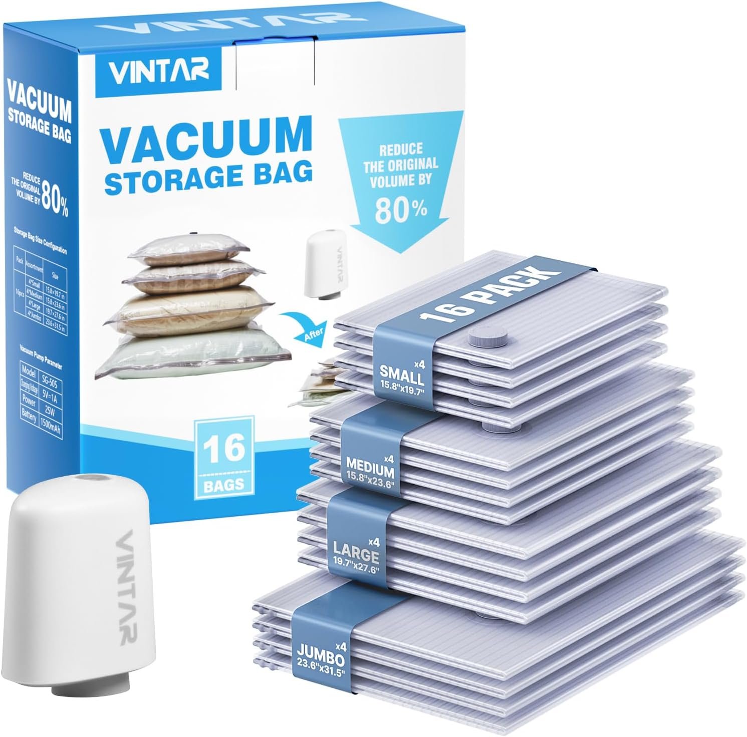 Travel Vacuum Seal Bags for Clothing with Rechargeable Cordless Pump, VINTAR 16 Pack (4J+4L+4M+4S) Carry-on Size Space Saver Vacuum Storage Bags, Compression Packing Bags for Luggage and Suitcase