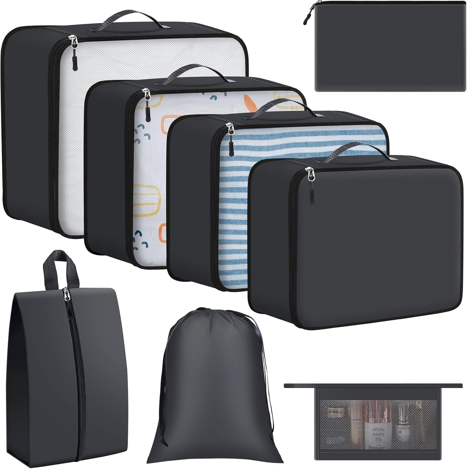 8 Set Packing Cubes for Travel Essentials, Organizers for Suitcase and Luggage in 4 Sizes, Luggage Organizer with Toiletries/Laundry/Shoes/Sock Bags (Grey)