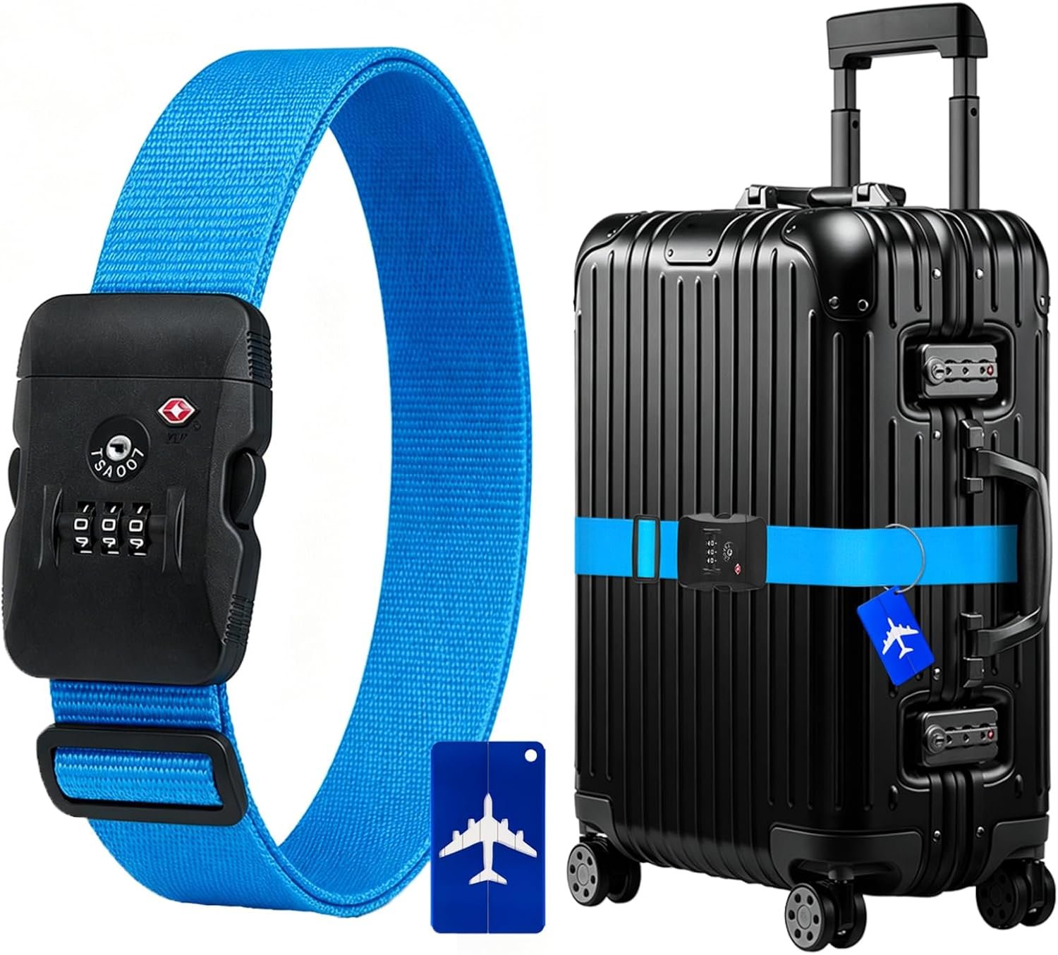 BILIONE Luggage Straps for Suitcases TSA Approved, Heavy Duty Travel Belt with Combination Lock and Tag, Adjustable Luggage Identifiers Band (Blue)