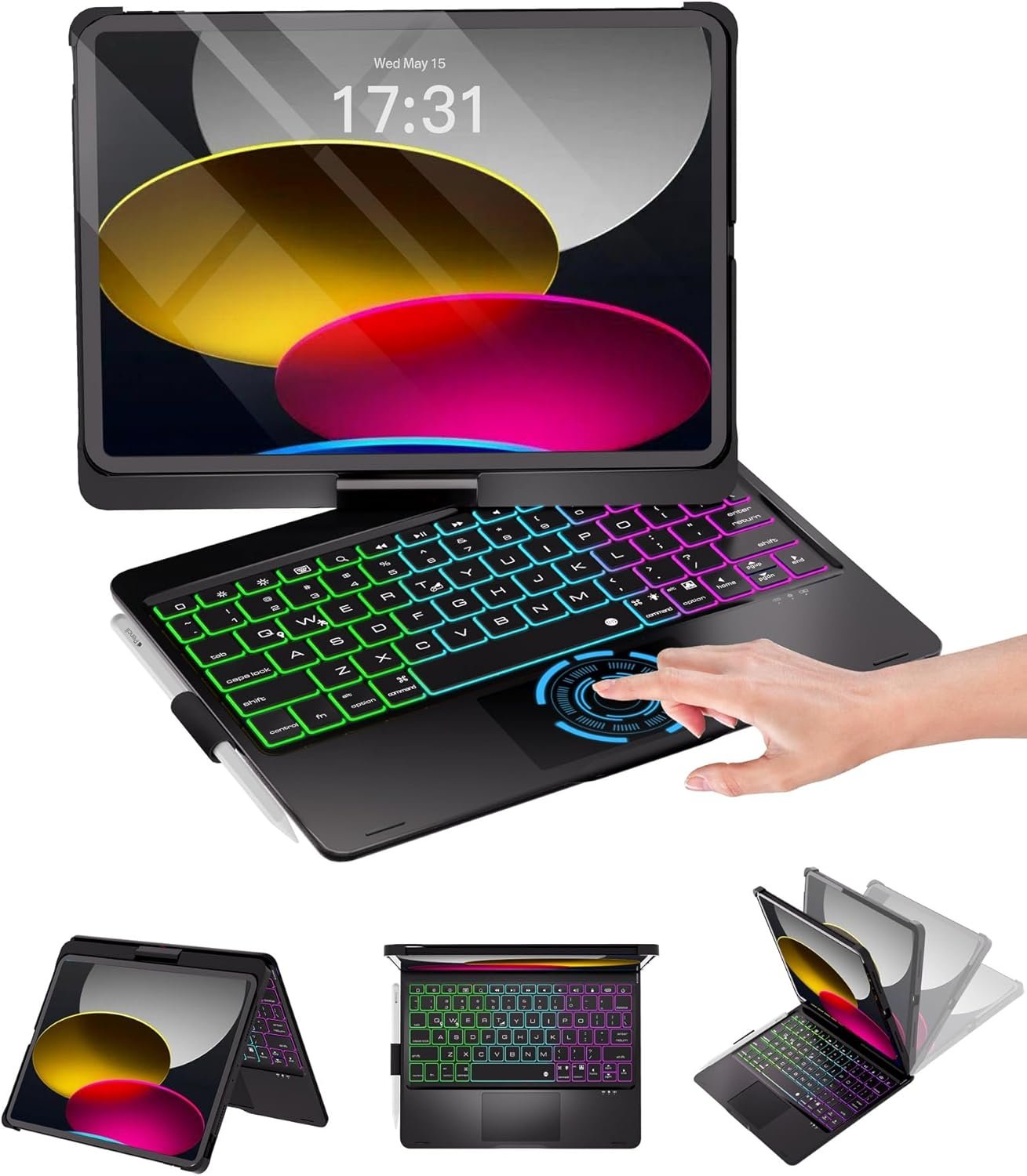 Baisla iPad 10th Generation Case with Keyboard 10.9″ & iPad 11th (A16) & iPad Air 11 (M4/M3/M2), Multi Trackpad, 360 Swivel & Rainbow Backlit for iPad Air 5th/4th,iPad Pro 11 4th/3rd/2nd/1st – Black