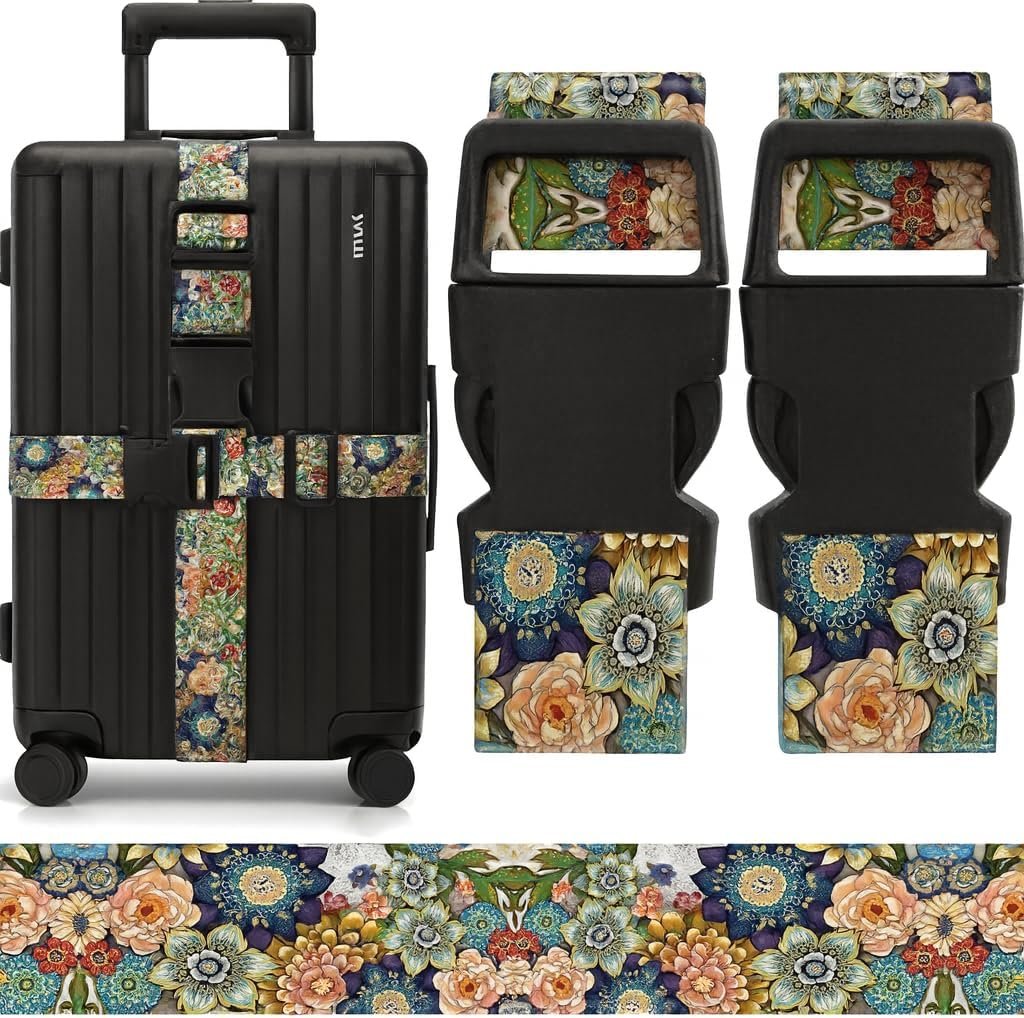 2 Pack Luggage Straps for Suitcases, Adjustable Travel Belt with Double Lock, Bright Colors Travel Packing Straps with Quick Release Buckle Unique Nylon for Sleeping Bag Car Seat (Flower Mix)
