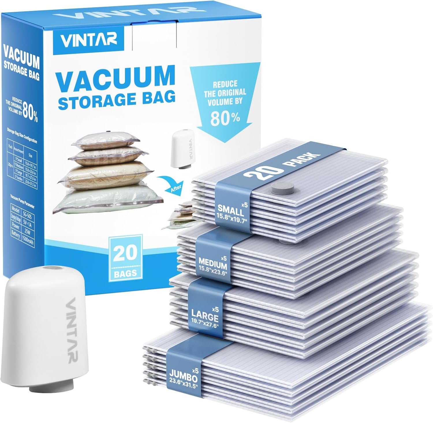 Vacuum Seal Bags for Clothing Travel with Rechargeable Cordless Pump, VINTAR 20 Pack Space Saver Vacuum Storage Bags(5J+5L+5M+5S), Compression Packing Bags for Luggage and Suitcase