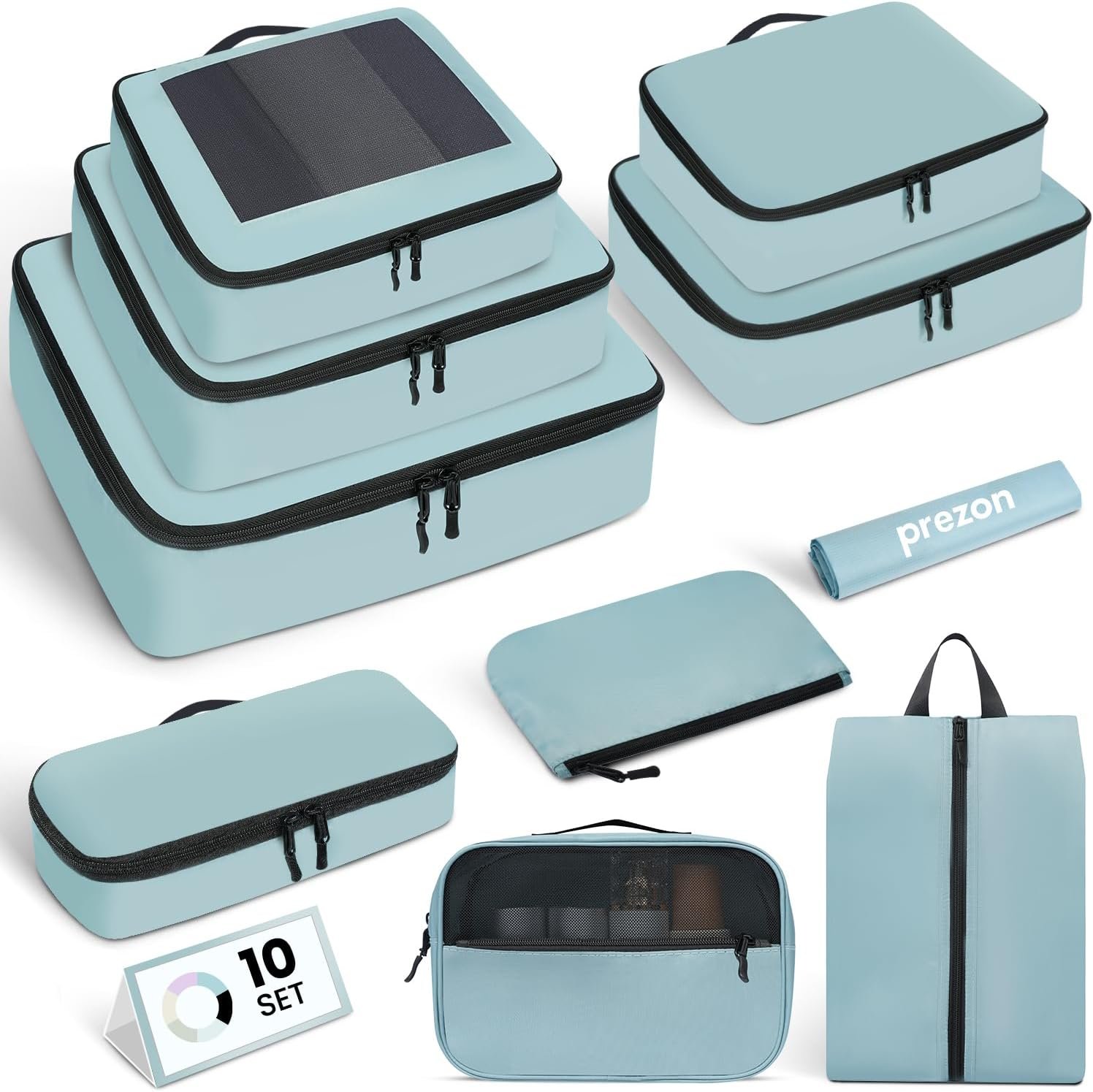 Mesh Packing Cubes for Travel, Durable Luggage Organizer with Sturdy Material and Double Zippers, Comprehensive Set for Travel Accessories Storage, 10 set, teal