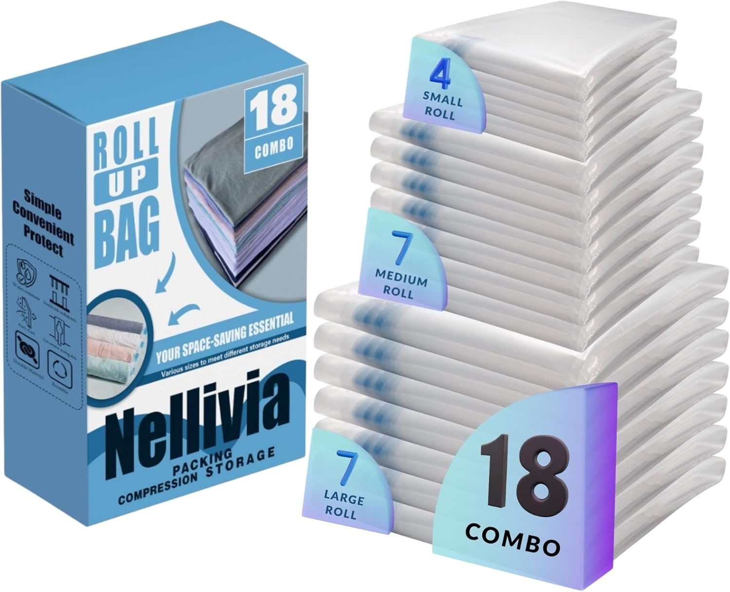 18 Pack Compression Bags for Travel, Roll Up Space Saver Bags for Clothes Storage, Vacuum Storage Bags Compact Packing travel organizer for Luggage, Suitcase, Backpack,