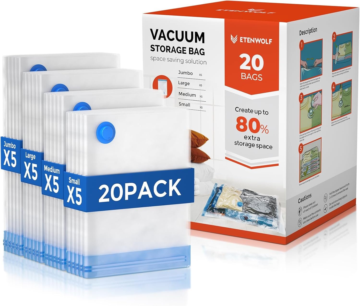 ETENWOLF Vacuum Storage Bags for Travel, Vacuum Seal Bags for Clothes and Travel, Space Saver Bags in Multiple Carry-On Sizes, Perfect for Luggage and Suitcases, 20 Combo