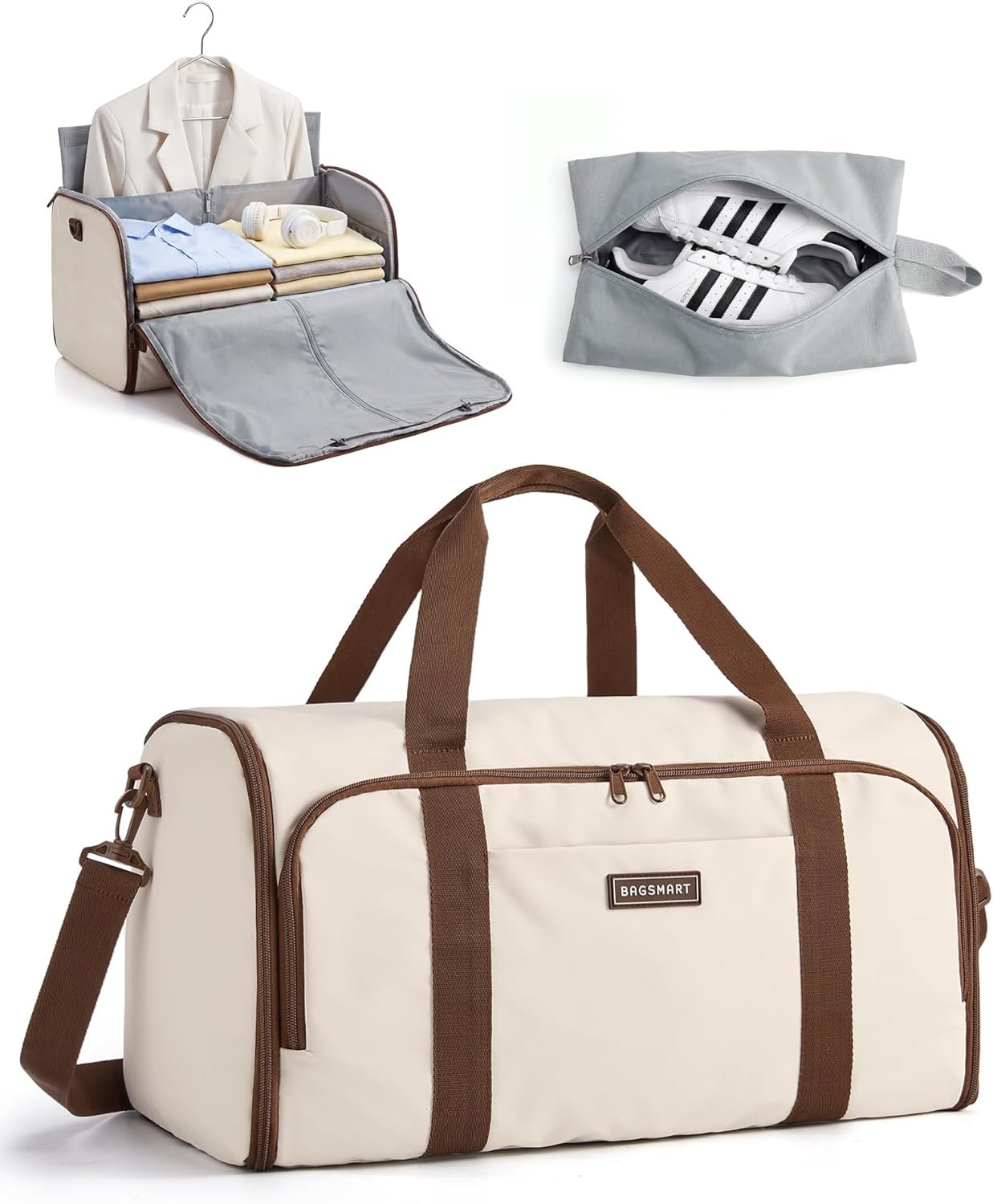 BAGSMART Garment Bag Duffle Bag for Travel Convertible 2 in 1 Suit Bag for Hanging Clothes Carry on Travel Bag with Shoes Bag,Shoulder Strap Weekender for Dresses, Coats, Shirts (White)