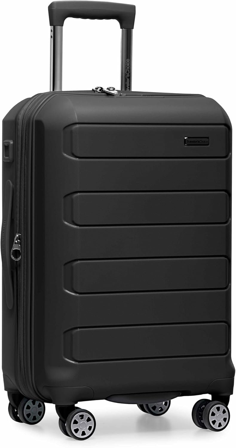 Traveler’s Choice Pagosa Hardshell Expandable Luggage with Spinner Wheels, Black, 22-Inch Carry-on