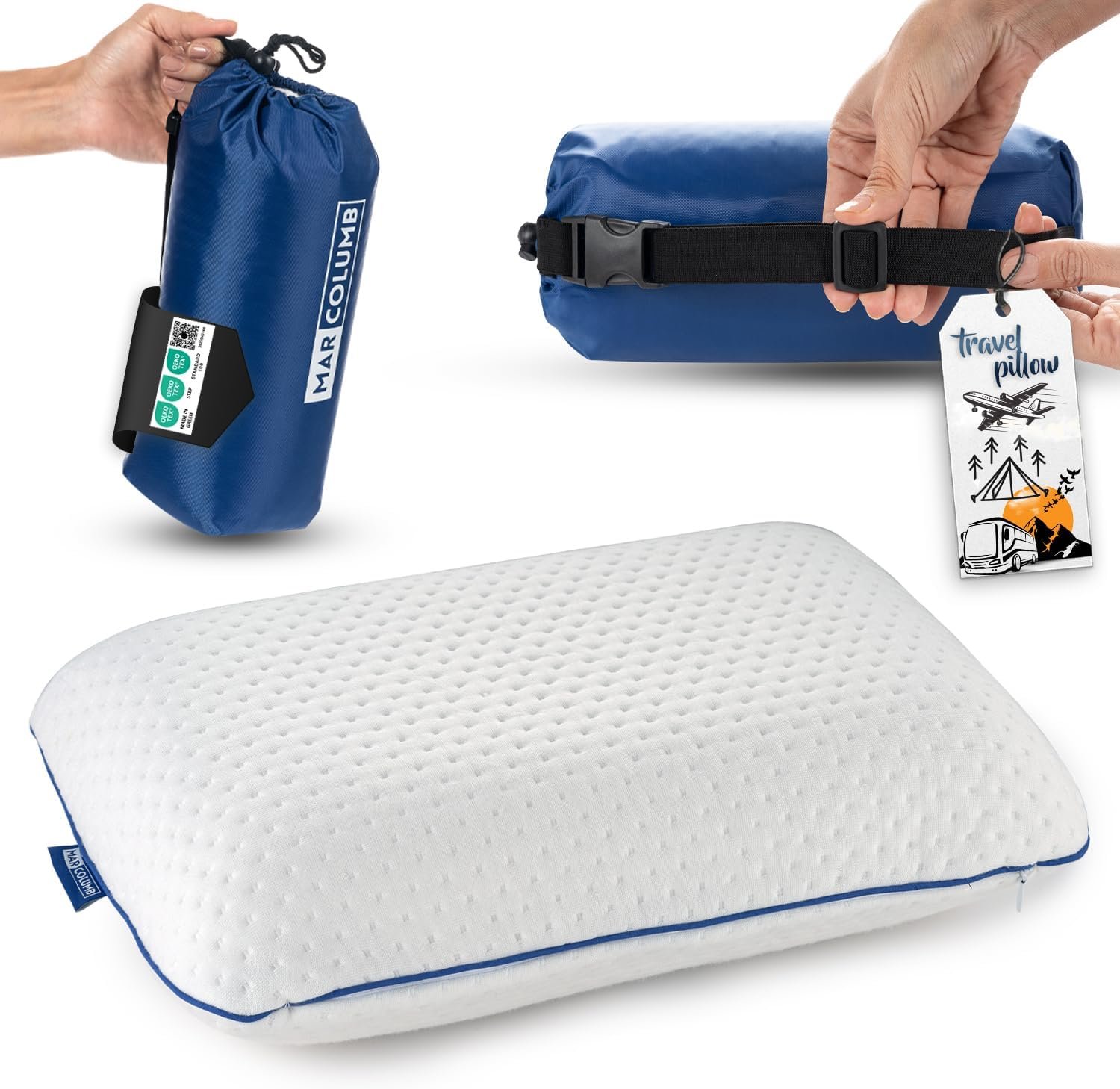 Travel & Camping Comfortable Memory Foam Pillow – Easy to Carry Portable Bag – Temperature Regulating Pillow Case – Perfect for Travelling (White)