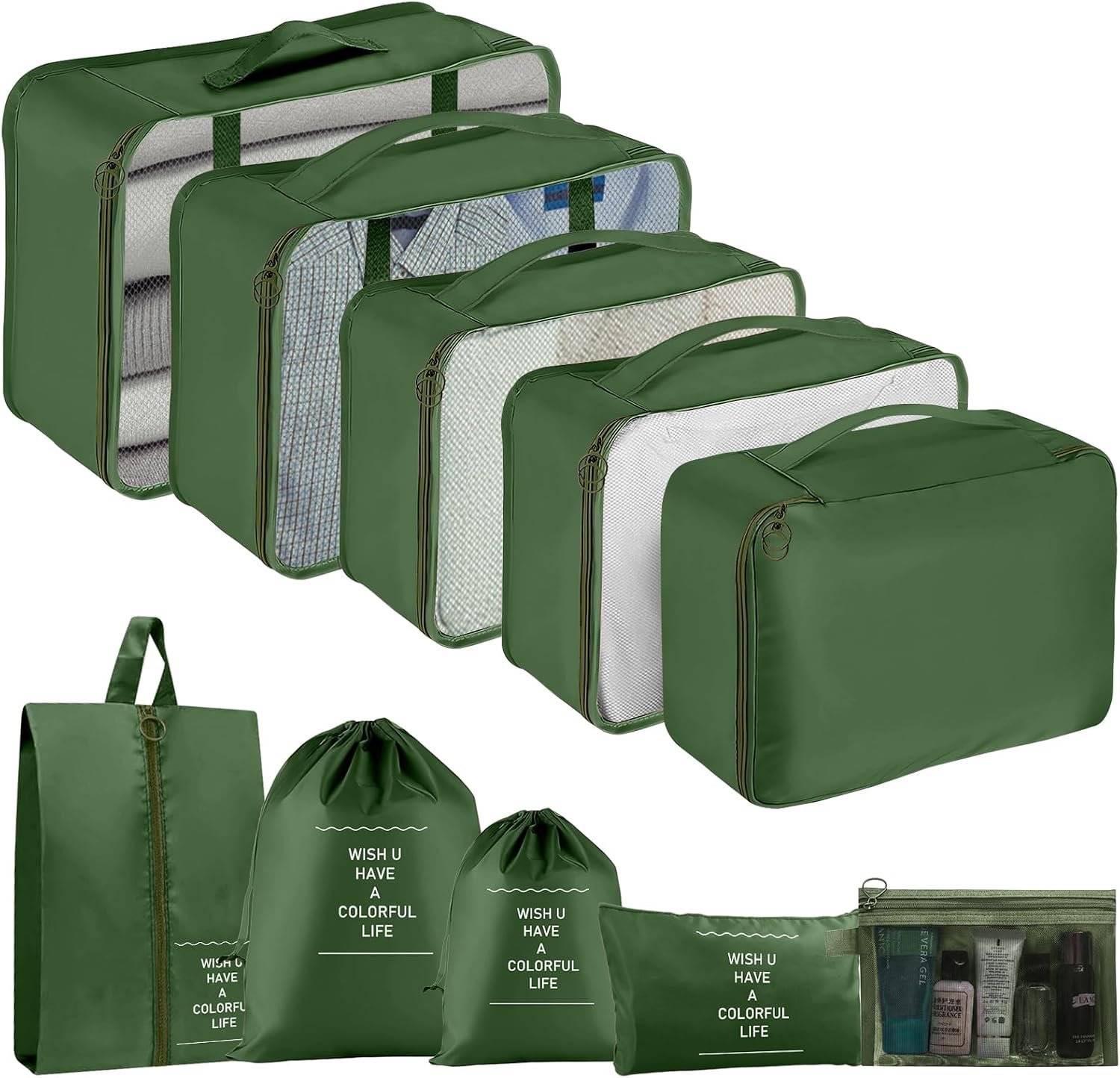 Packing Cubes for Travel- 8 Set Luggage Organizer Bags for Family, Mesh Breathable Travel Packing Cubes for Suitcases Durable Travel Essentials Bags Set (Green, 10 Set)