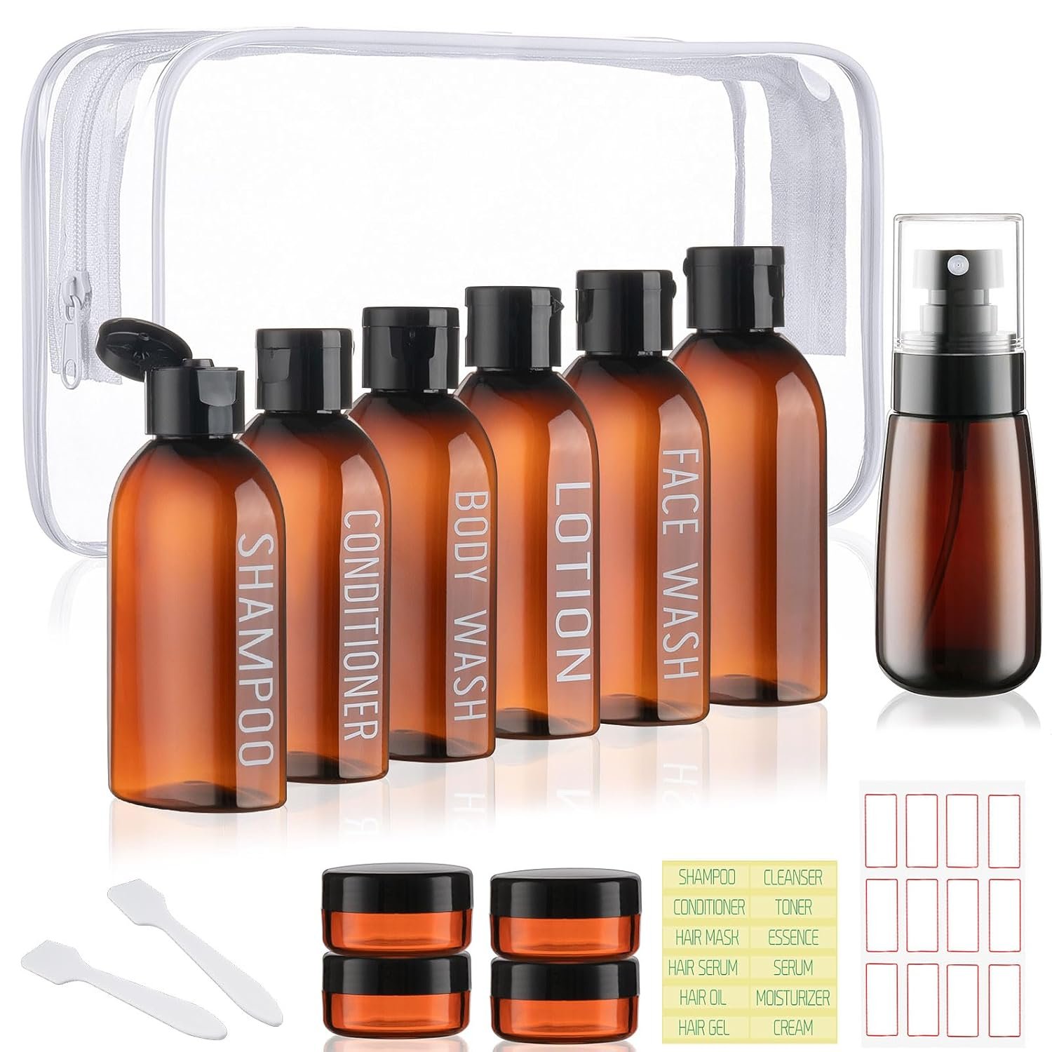 Travel Kit – 10 Pcs Travel Bottles for Toiletries, TSA Approved, Leak Proof Plastic Small Cream Jars & Refillable Spray Bottle for Shampoo, Conditioner (Brown)
