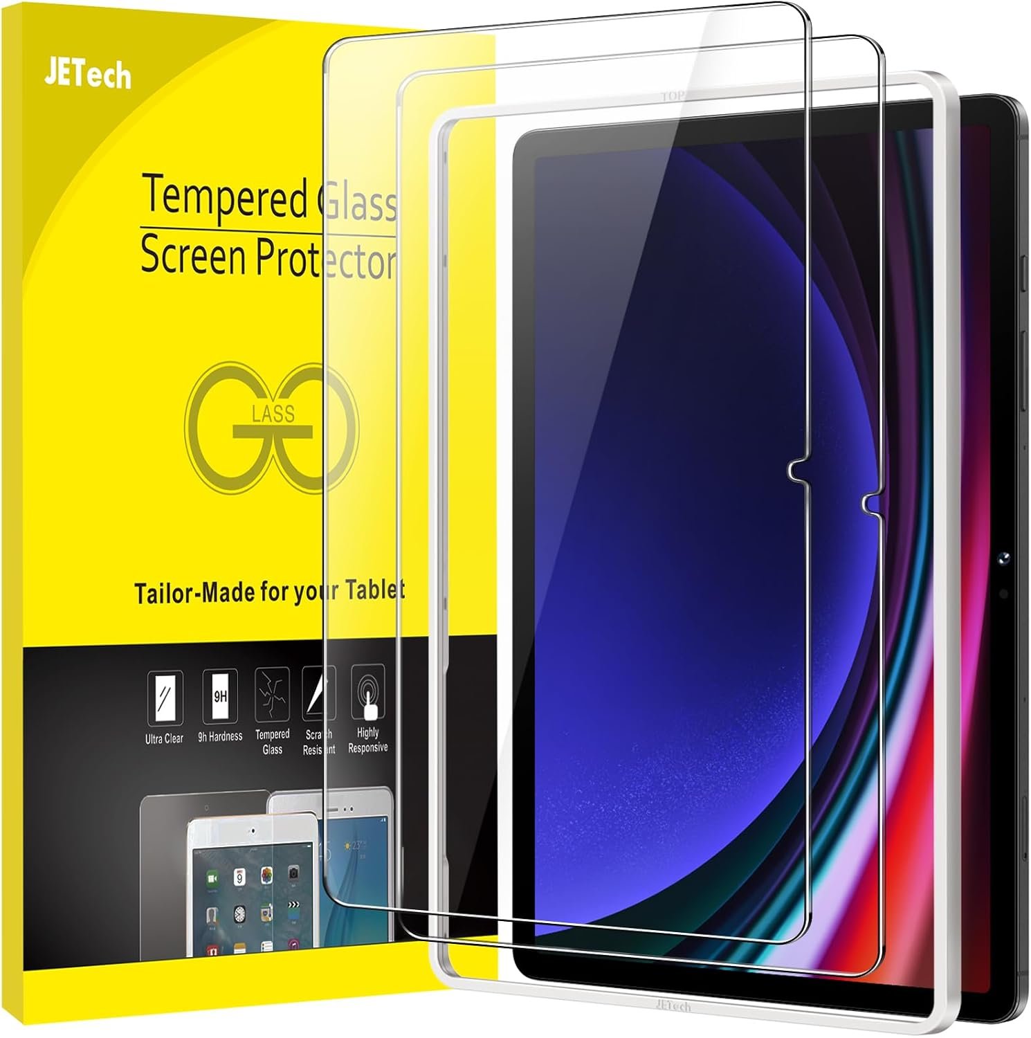 JETech Screen Protector for Samsung Galaxy Tab S9 11-Inch and Galaxy Tab S10 Lite / S10 FE / S9 FE 10.9-Inch, with Easy Installation Frame, Tempered Glass Film, HD Clear, 2-Pack