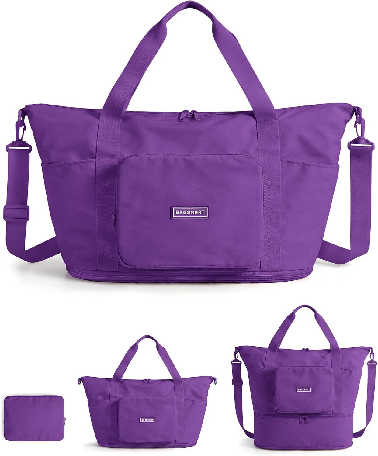 BAGSMART Foldable Travel Bag, 37L Expendable Personal Item Bag, Lightweight Weekender Bags for Women, Water Resistant Extra Carry on for Travel, Purple
