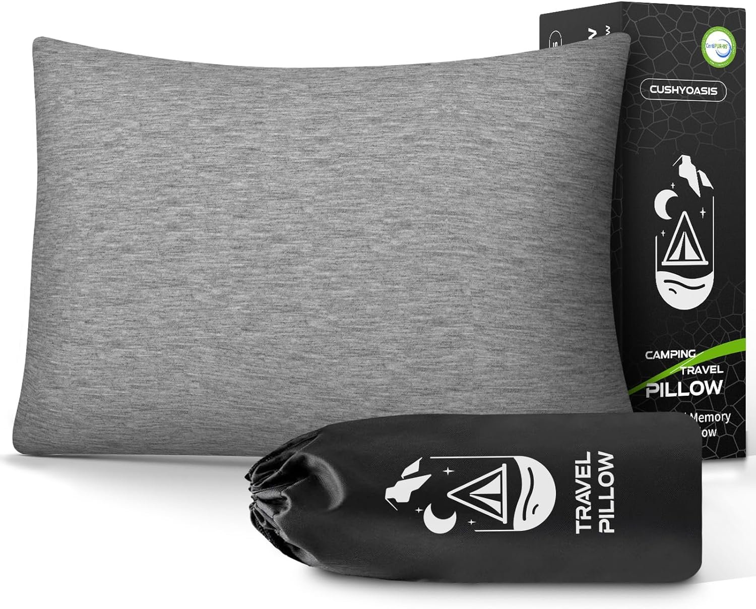 CushyOasis All-in-1 Camping Pillow Set – Shredded Memory Foam Neck Pillow Travel Pillow with Eye Mask, Earplugs, Washable Cover, Compact for Backpacking, Camping, Flights, Car Travel (Small Size)