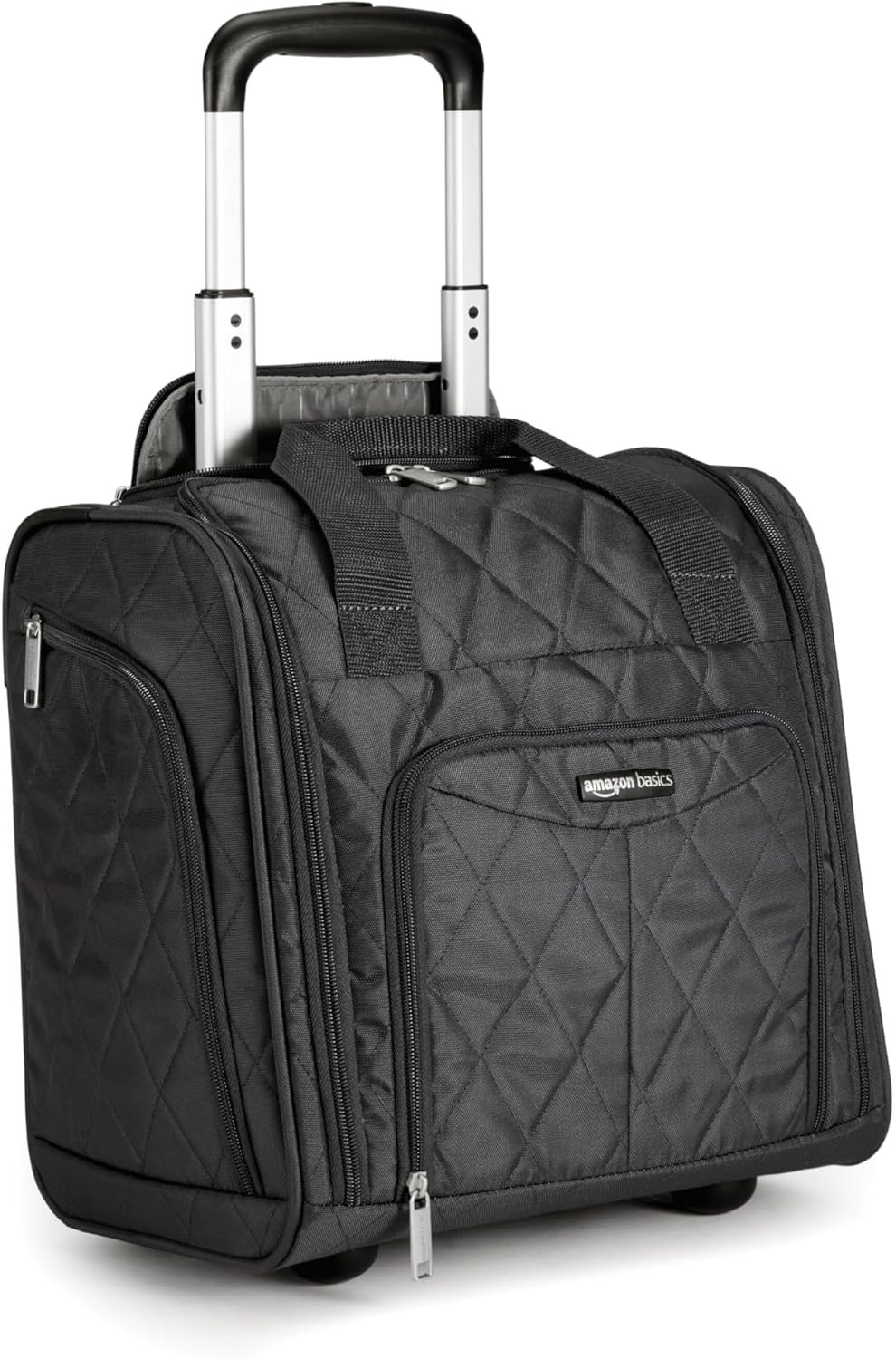 Amazon Basics Underseat Carry-On Luggage with Wheels, 14″ Rolling Travel Bag with Compartments and Handle, Airline Compliant, Front Pocket, Black Quilted