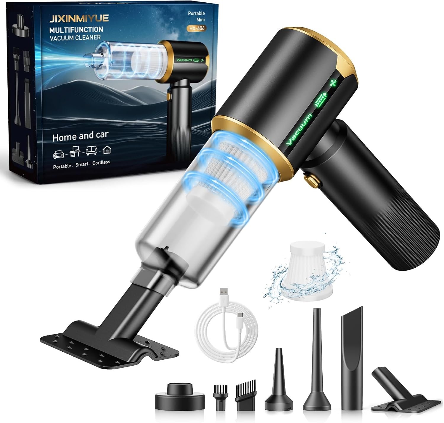 Cordless Car Vacuum Cleaner: Handheld Vacuum with 𝟏𝟔𝟎𝟎𝟎𝐏𝐚 Strong Suction, 𝐁𝐫𝐮𝐬𝐡𝐥𝐞𝐬𝐬 𝐌𝐨𝐭𝐨𝐫 & HEPA Filter, 𝟕-𝐢𝐧-𝟏 Cleaning Kit, Type-C Charging for Home Office Car