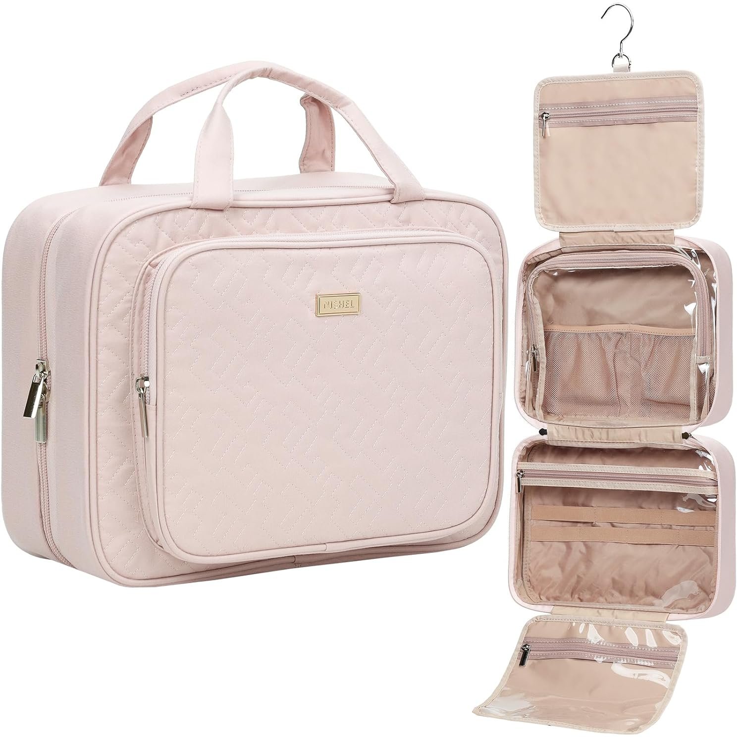 NISHEL Travel Toiletry Bag for Women, Makeup Essentials Organizer, Hanging Case for Accessories, Cosmetics, Large Size, Pink
