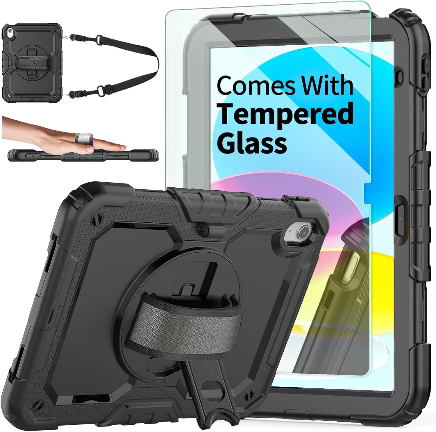 Ambison Case for iPad (A16) 11th/10th Generation 11”/10.9” 2025/2022, [Kid Proof] Full Body Protective Case with 9H Tempered Glass Screen Protector, 360° Rotatable Kickstand & Hand Strap (Black)
