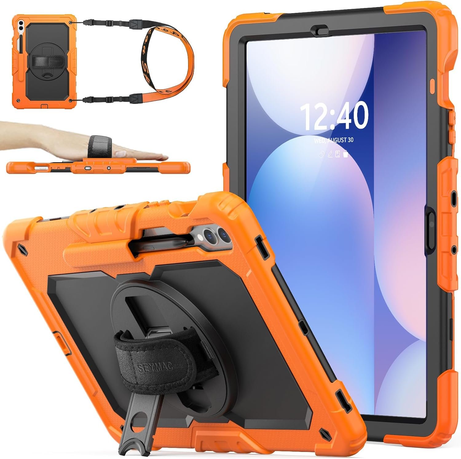 SEYMAC stock Case for Samsung Galaxy Tab S10+ Plus/ S9 FE+ Plus/ S9+ Plus 5G Tablet Case 12.4” Protective with Screen Protector, Pen Holder, 360 Rotate Stand, Hand Strap, Shoulder Strap, Orange1