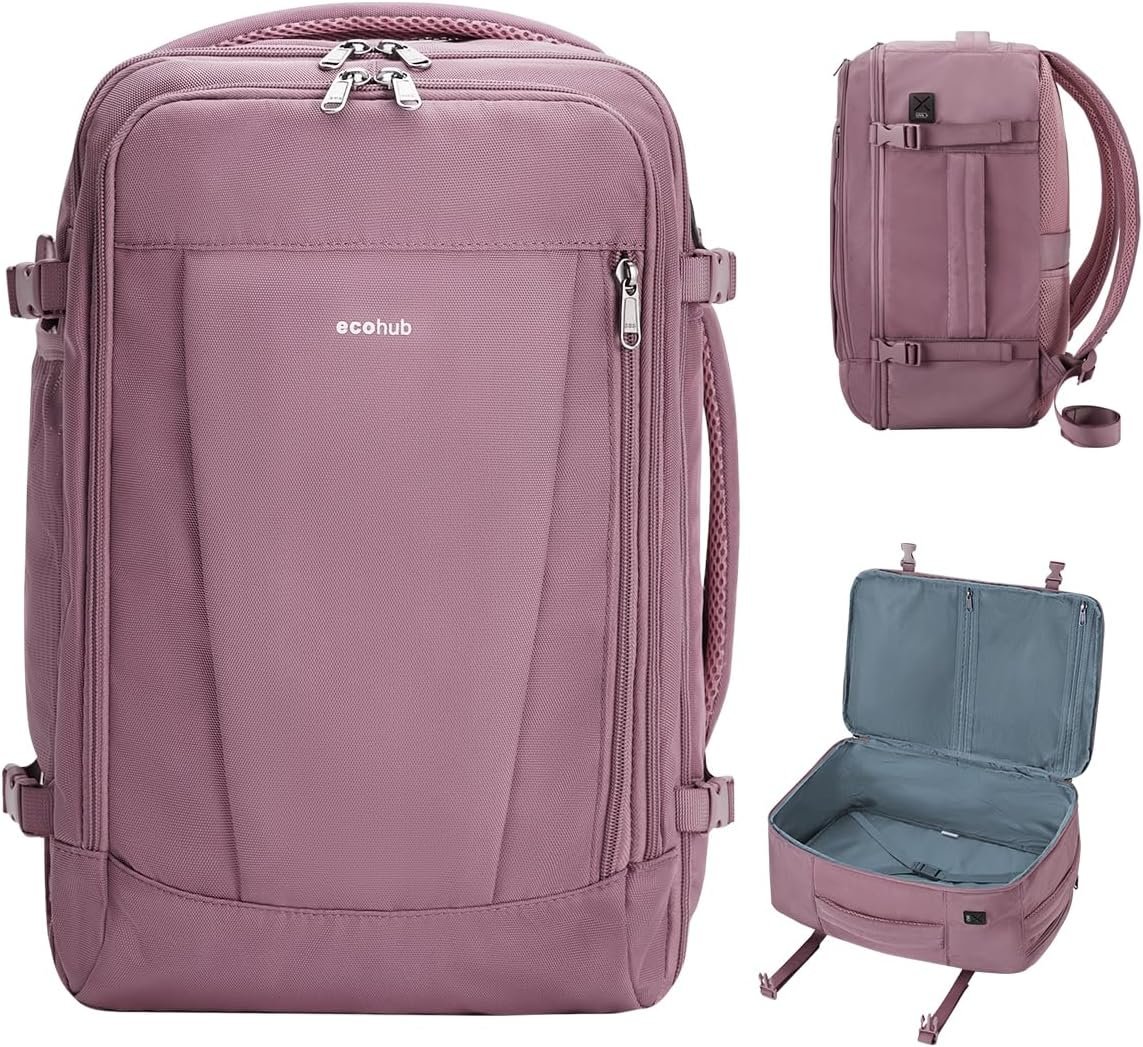 ECOHUB 17” Travel Backpack, Personal Item Backpack with 13 Pockets, Flight Approved Carry on Backpack with USB Port & Luggage Sleeve, Travel bag for Women, Water Resistant Backpack, Pink