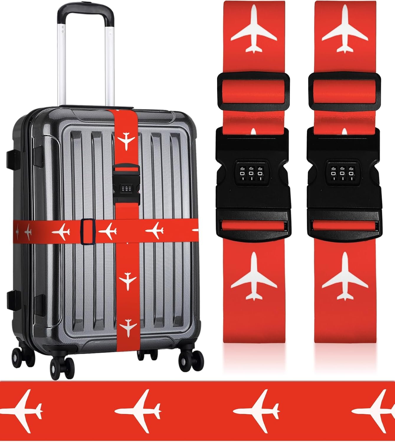 Luggage Straps for Suitcases Travel Belt Luggage Band with Lock Heavy Duty Traveling Luggage Identifier Red Plane Cute Women Girls Unique Accesory Personalized