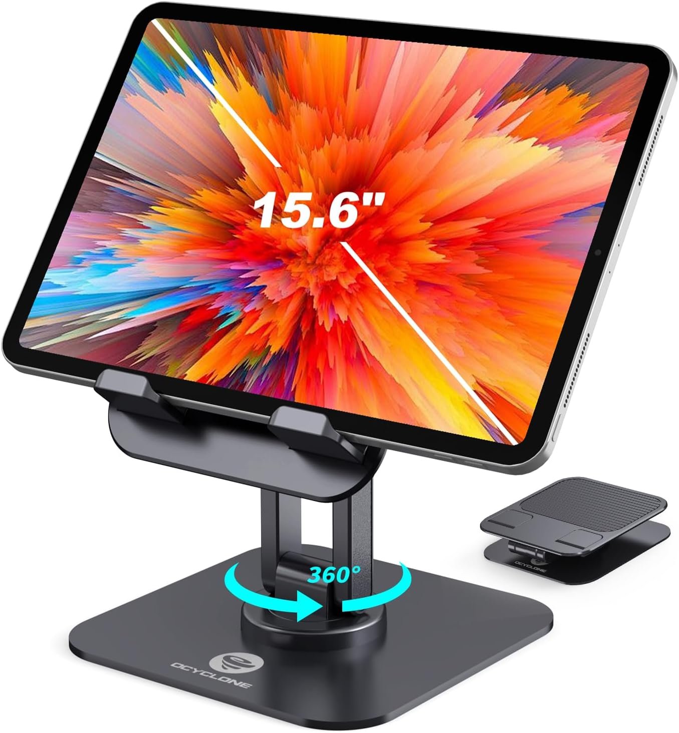 OCYCLONE iPad Stand, 360° Rotating Adjustable Foldable iPad Tablet Stand Holder for Desk Compatible with Kindle Tablet iPad 4″ – 15.6″ Portable Monitor Stand, Black