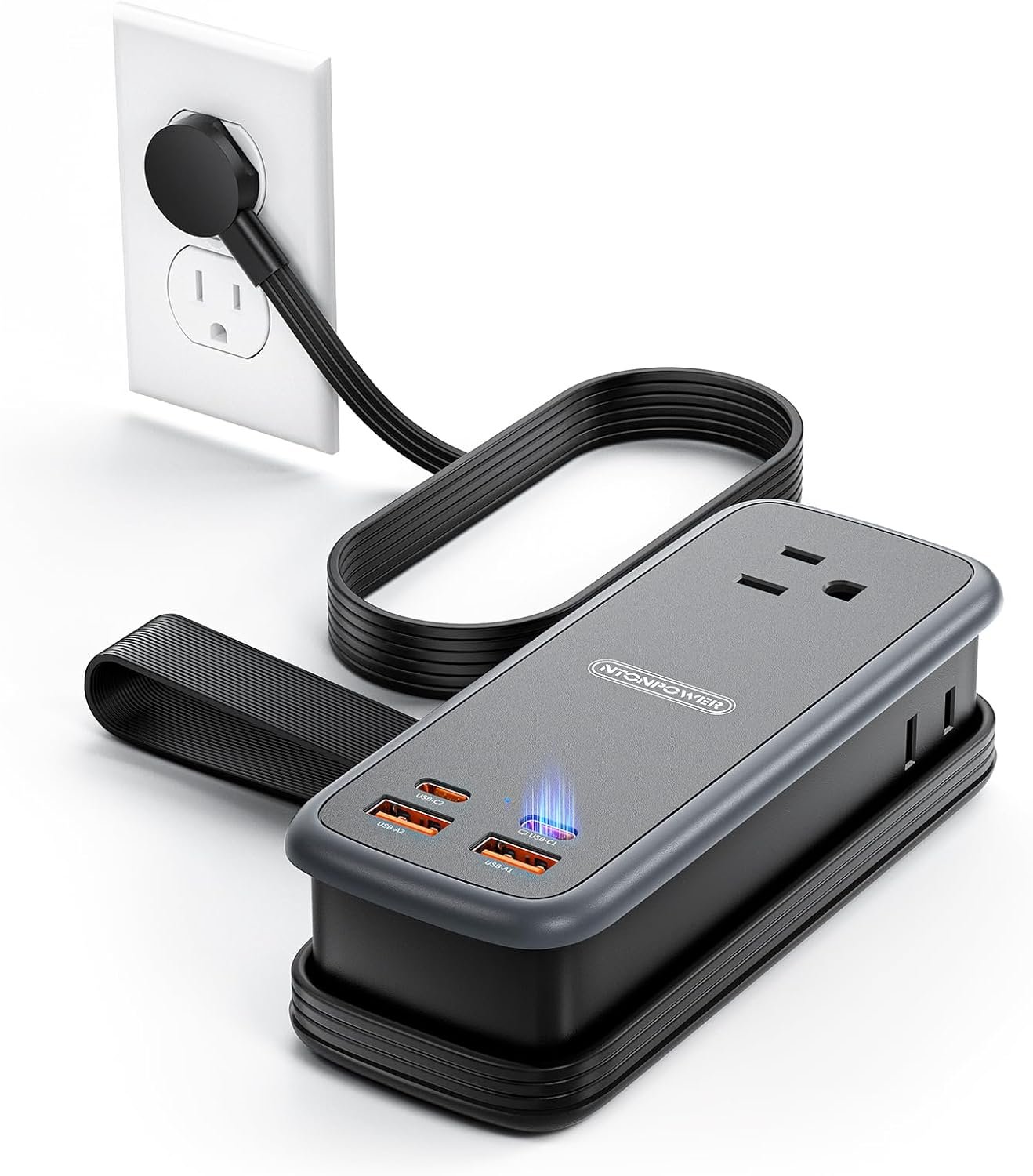 NTONPOWER 100W GAN Ultra Travel Power Strip, 7-in-1 USB C Charging Station with 3 Outlets 4 USB (2 Fast Charge)& 5FT Extension Cord, Compact Desktop Charger for MacBook, iPhone, Cruise, Office, Black