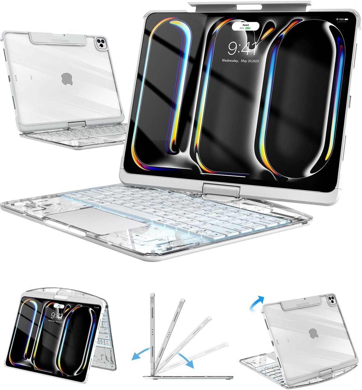 Transparent Keyboard Case for iPad Pro 11″ (M5/M4, 2025/2024) Wireless Keyboard with 7 Colors Backlight, 360° Rotatable Protective Case with Pencil Holder, Multi-Touch Trackpad, Thin & Light, White