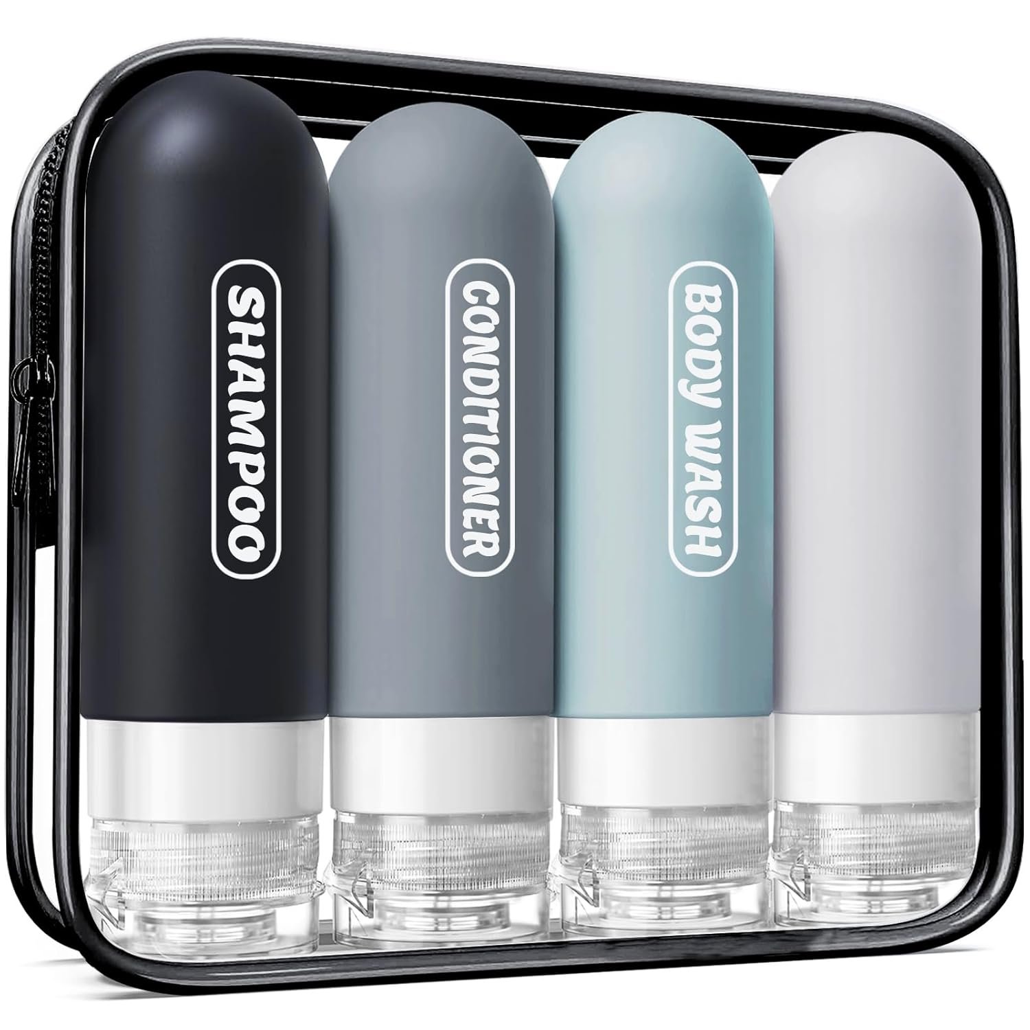 Pre-printed Silicone Travel Bottles for Toiletries, 3oz TSA Approved Leak Proof Squeezable Containers for Shampoo Conditioner, Travel Size Essentials with Clear Bag, 4 Pack