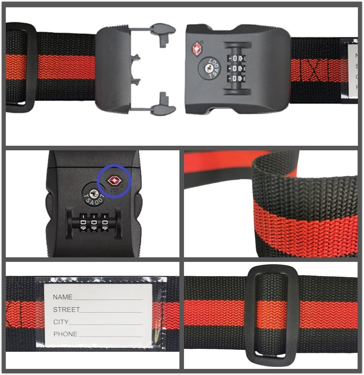 Travel Luggage Strap Adjustable Suitcase Packing Belt with TSA Combination Lock 2 Pack Red&Black 2P