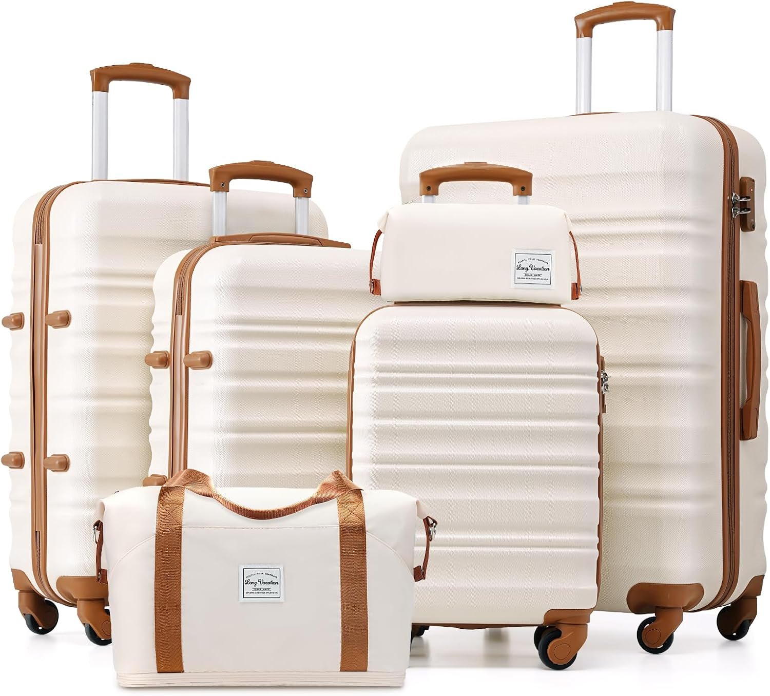 LONG VACATION 6 Piece Luggage Set Carry on Suitcase with ABS+PC hardshell, Spinner Wheels & YKK Zipper TSA Lock (BEIGE-BROWN, 6 piece set)