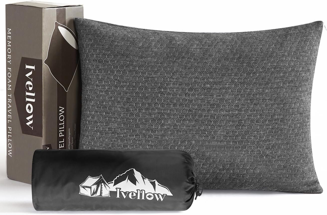 Ivellow Travel Pillow Camping Pillow for Sleeping Small Shredded Memory Foam Pillow Compressible Compact Medium Firm, Soft Breathable Cover,Supportive for Outdoor Car Backpacking Hiking Essential Gear