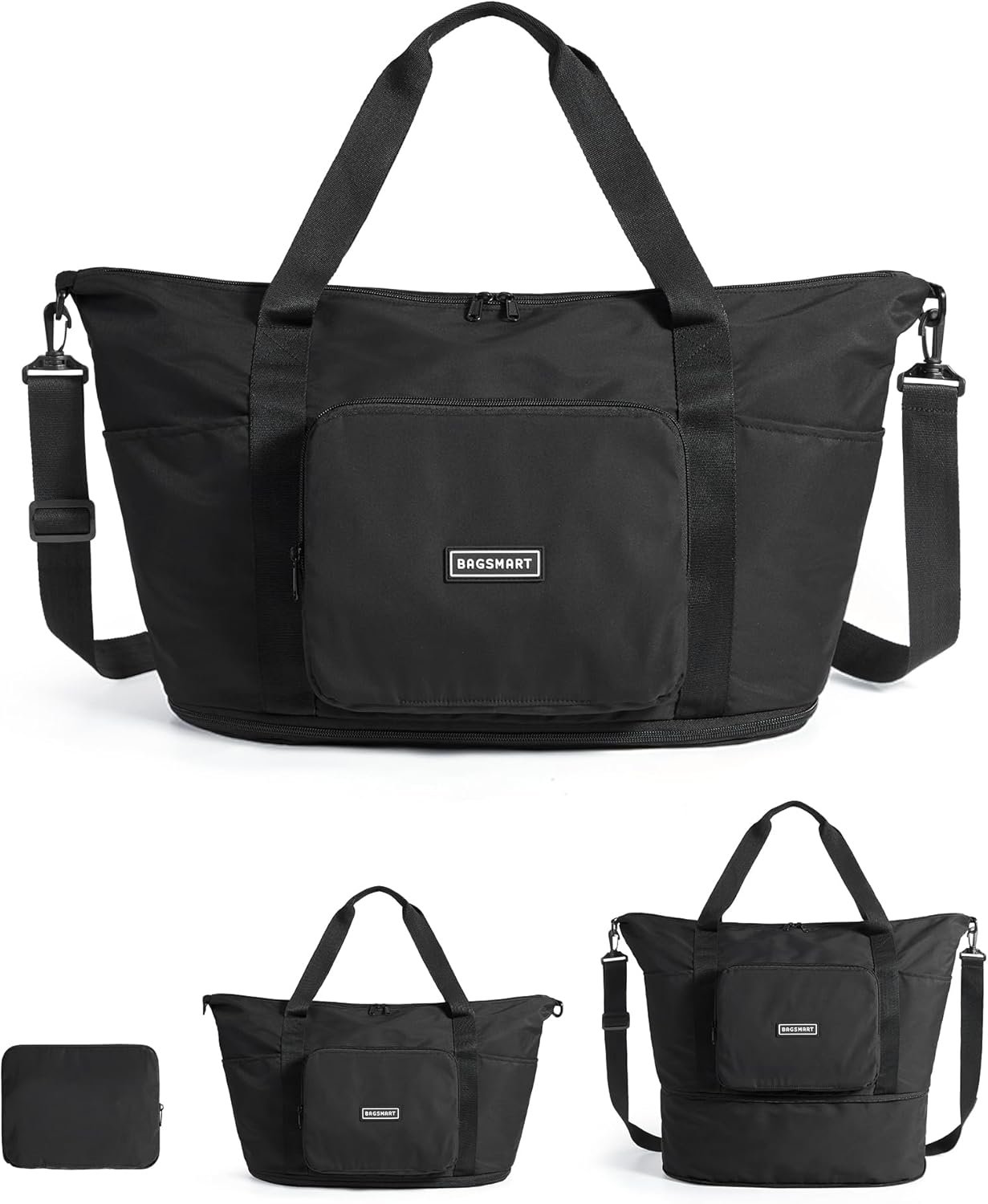 BAGSMART Foldable Travel Bag, 37L Expendable Personal Item Bag, Lightweight Travel Essentials for Women, Water Resistant Extra Carry on Bag, Black
