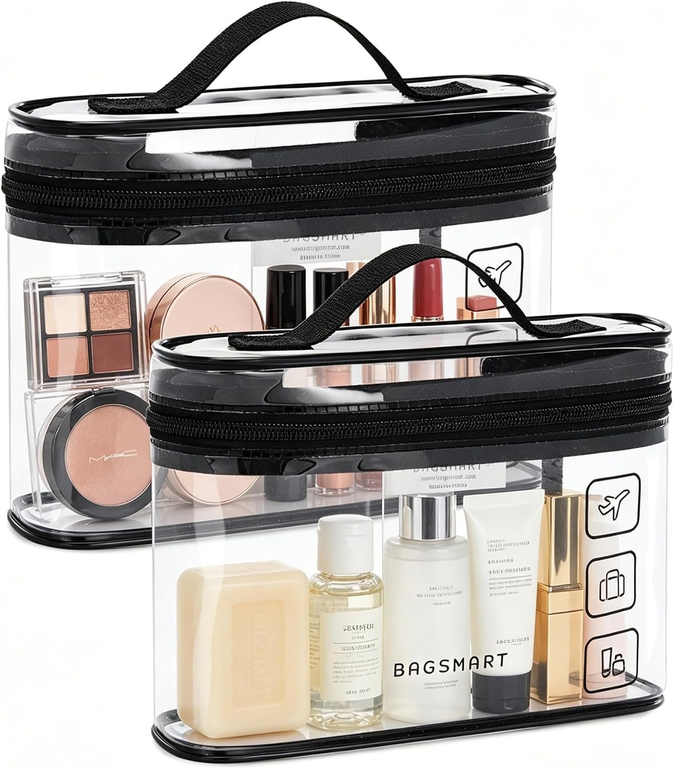 BAGSMART TSA Approved Toiletry Bag, 2 Pack Clear Makeup Cosmetic Bag Organizer, Quart Size Travel Bag for Toiletries, Carry-on Travel Accessories Essentials, Black-2pcs