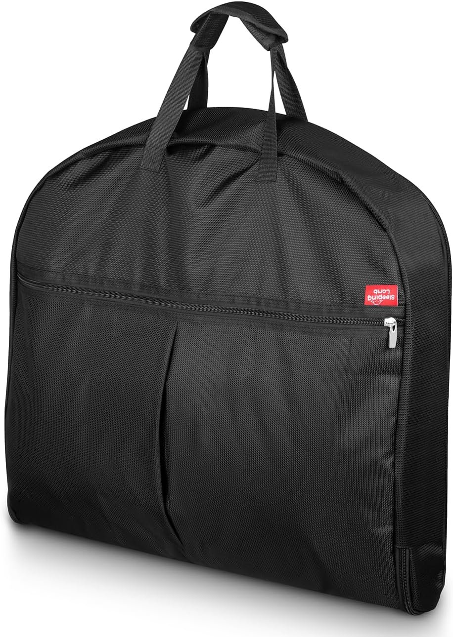 SLEEPING LAMB Heavy Duty Garment Bag for Travel, 43”Waterproof Suit Bag for Men Travel and Foldable Carry On Garment Bag for Hanging Clothes with Large Pocket in Business Trip, Black