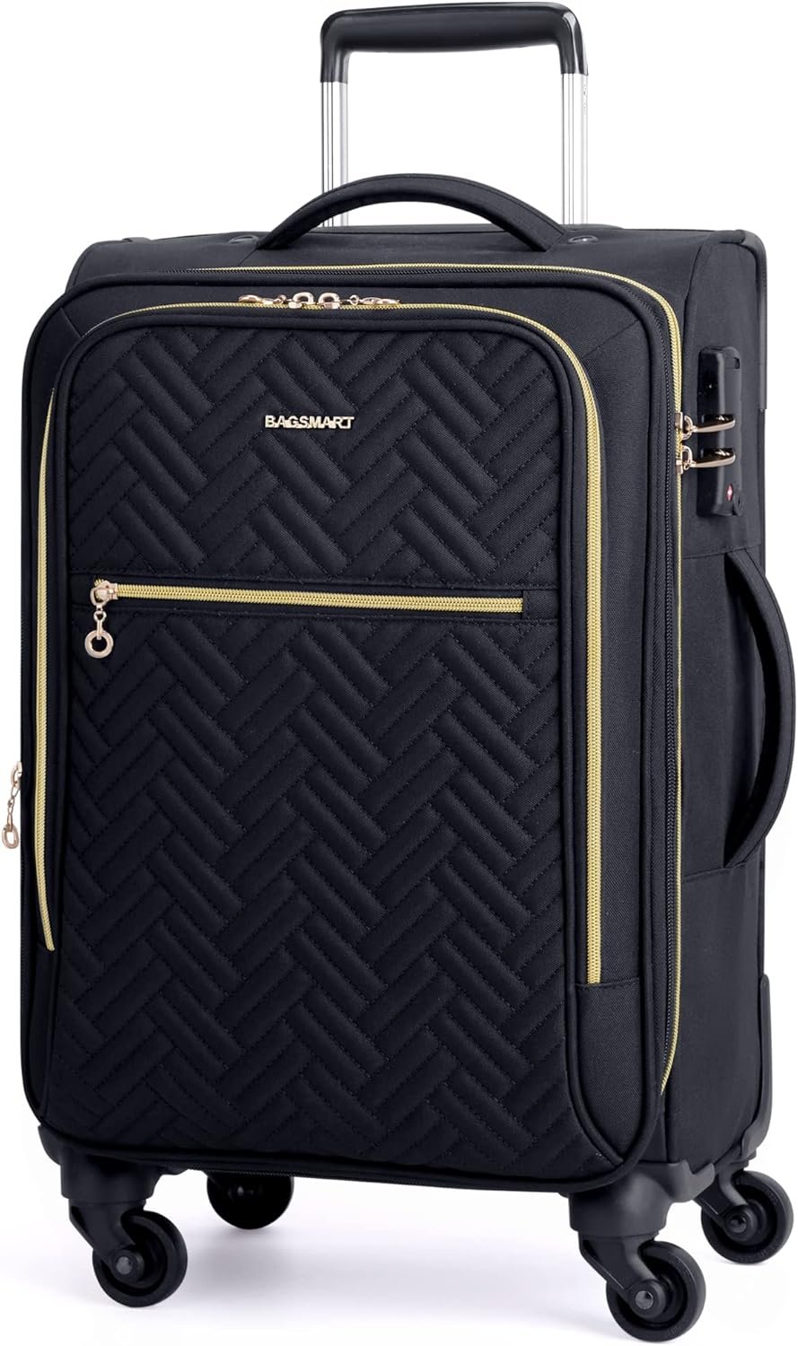 BAGSMART Carry On Luggage 20 Inch,Softside Expandable Suitcase with Spinner Wheels, Luggage 22x14x9 Airline Approved Rolling Lightweight Suitcases for Women Men, Compact Carry-On (Black)