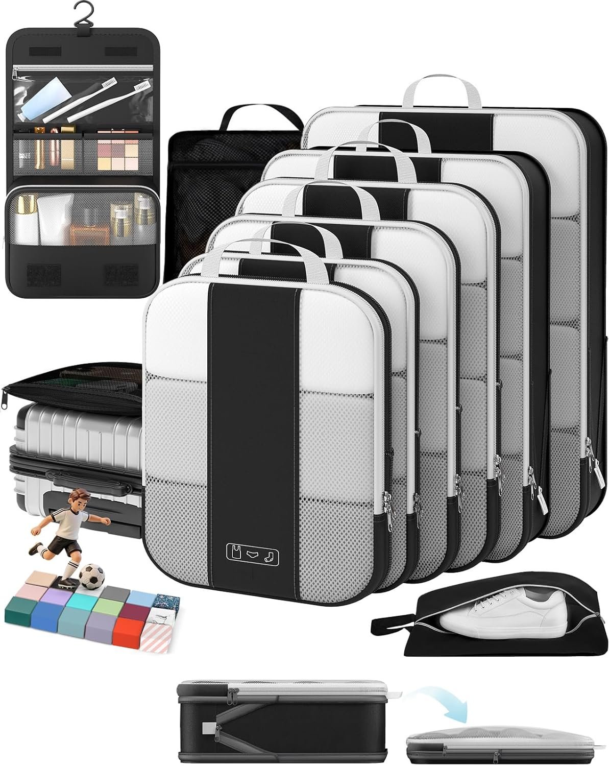 10 Set Compression Packing Cubes for Travel Essentials,Compressible Expandable Packing Cubes for Suitcase,OlarHike Luggage Garment Bags for Travel,Handy Helper for Organizing Clothes(Black)
