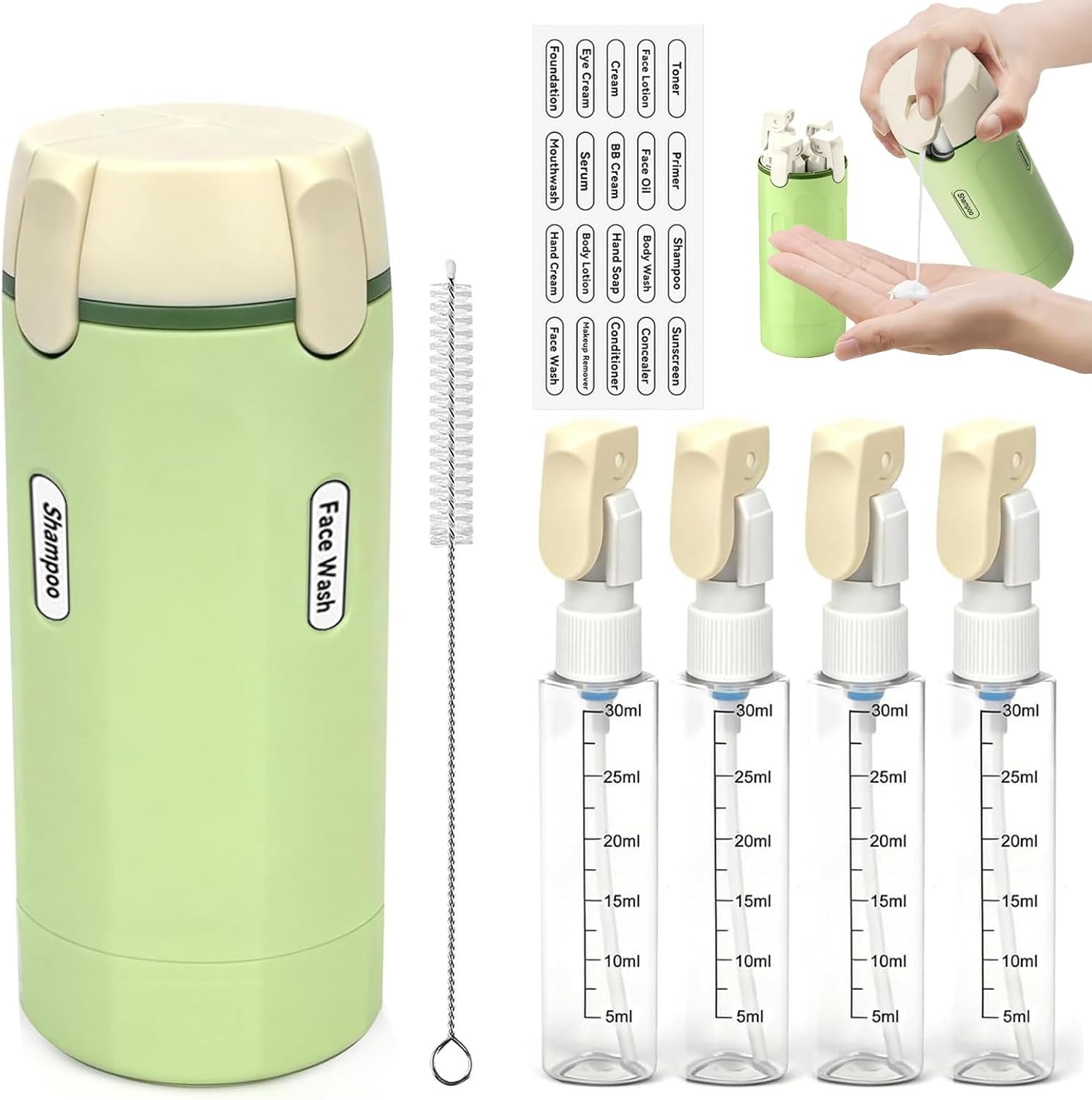 4 in 1 Travel Dispenser,4 Pack 30ML Travel Bottles for Toiletries,Refillable Leak Proof Portable Bottle Set for Shampoo,Shower Gel,Suitable for Travel,Gym,Vacation,Camping (Green-1)