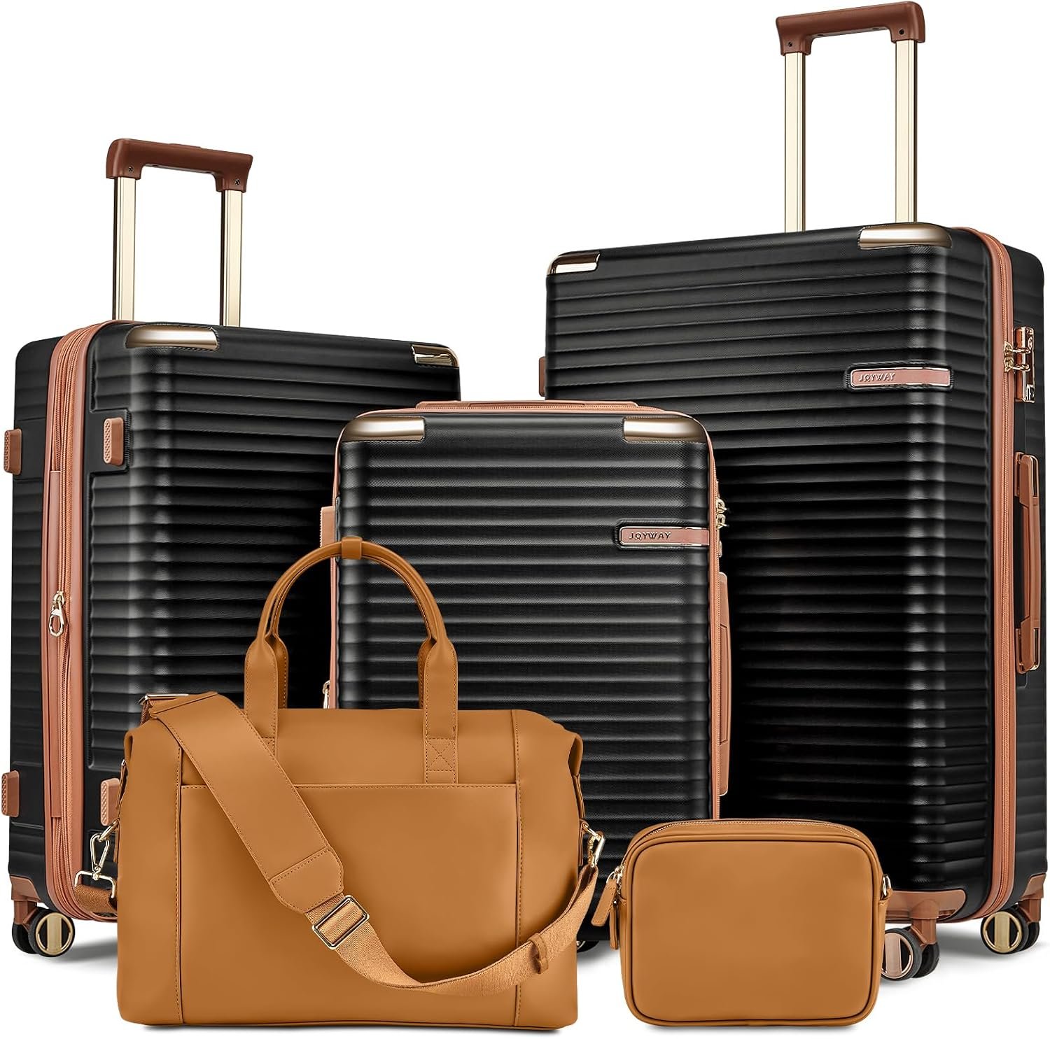 Joyway Expandable Luggage Sets 5 Piece with Leather Bag, Lightweight Hard Shell Travel Suitcase Set with Spinner Wheels and TSA Lock, Black