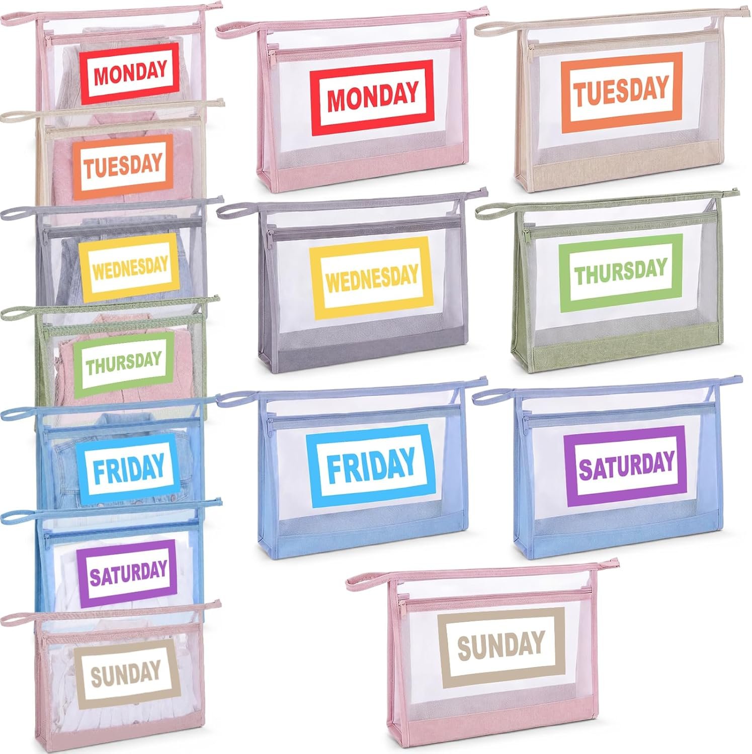Woanger 14 Pcs Days of Week Packing Cubes for Travel, Camping Packing Cubes with Weekly Stickers, Storage Bag for Suitcases (Morandi Colors)