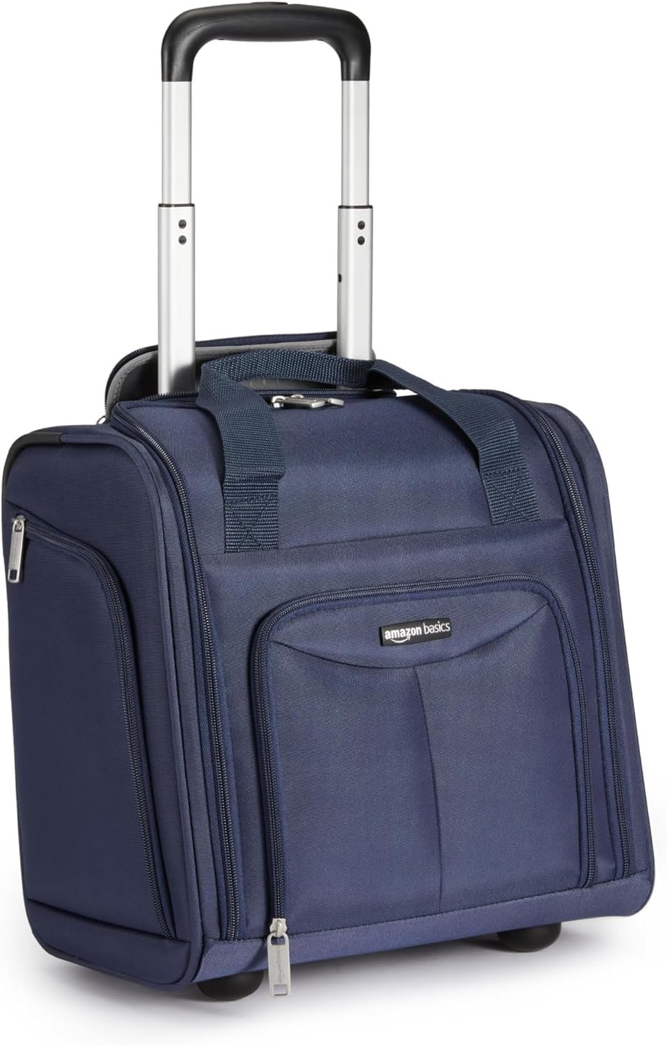 Amazon Basics Underseat Carry-On Luggage with Wheels and Handle, 14″ Rolling Travel Bag, Fits Overhead Bins, Organized Compartments, Navy