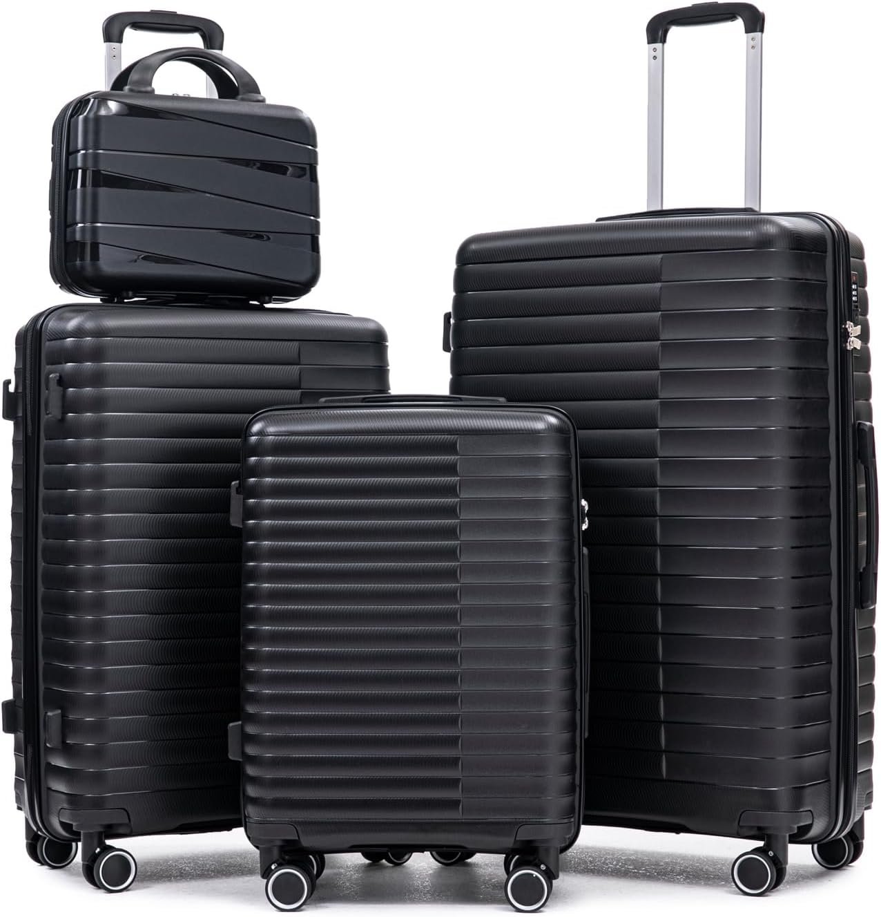 4 Piece PP Hardside Luggage Set, (20/24/28) Black Suitcase Set with 14″ Cosmetic Case, Lightweight Checked Travel Luggage Sets with Spinner Wheels & TSA Lock