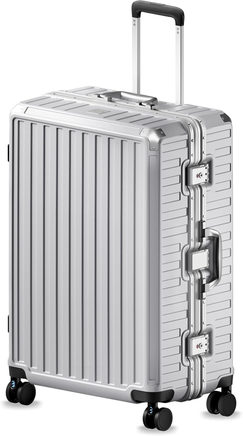 LUGGEX Checked Suitcase with Spinner Wheels, 8010S Aluminum Frame Zipperless Polycarbonate Hard Shell Suitcase (ZX-Core, Silver Grey, 28 Inch)