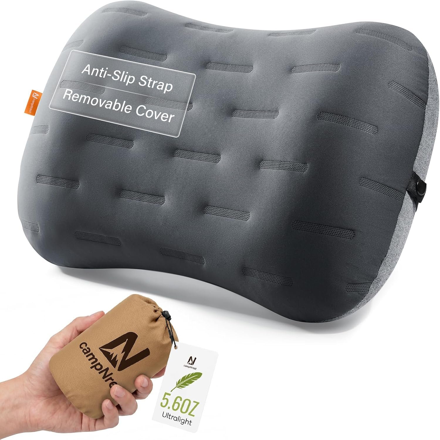 Inflatable Camping Pillow – Ultralight Compact Air Pillow for Travel, Backpacking & Hiking – Ergonomic Neck & Lumbar Support – Portable Inflatable Pillow with Removable Washable Cover – (Grey)
