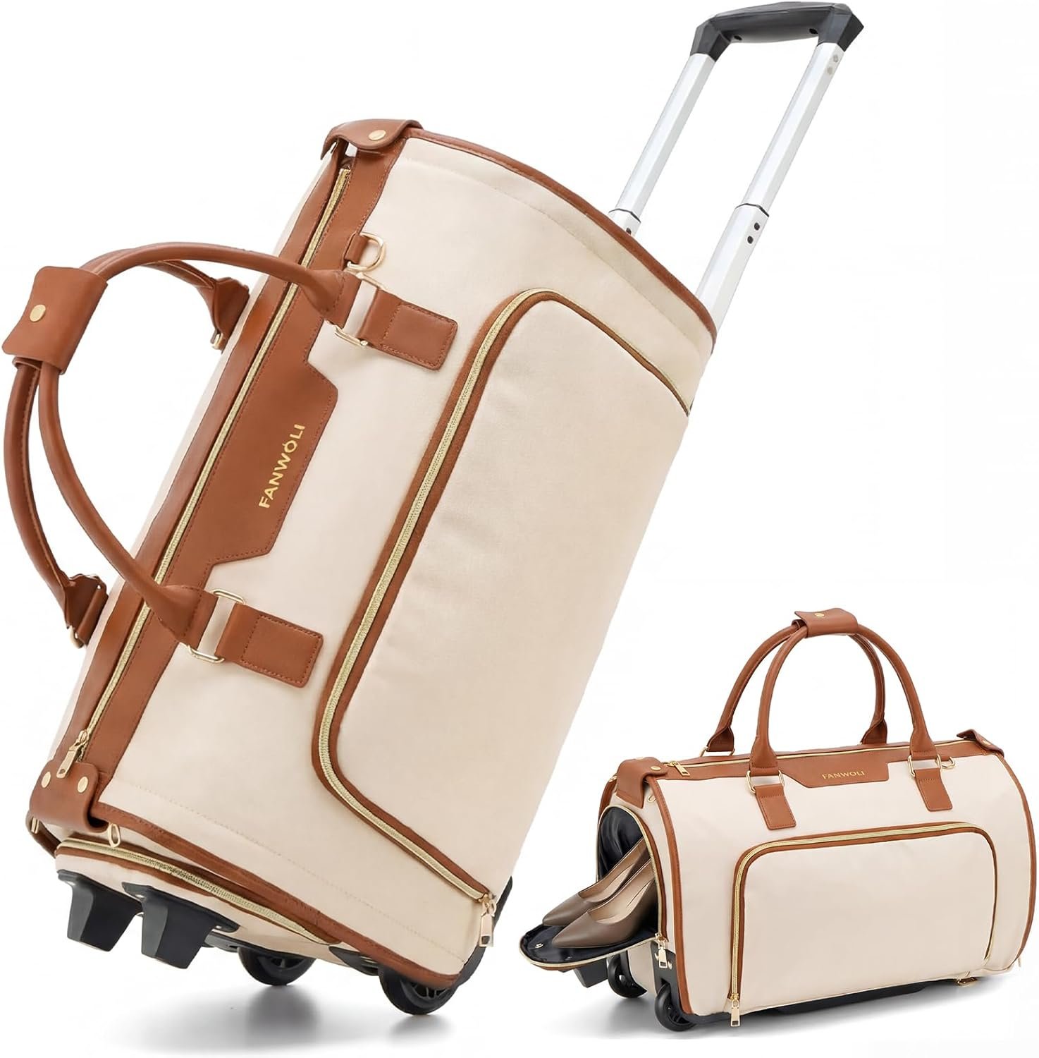 Fanwoli Carry-On Rolling Garment Bag for Travel, 3-in-1 Wheeled Luggage with Shoe Storage & Detachable Organizer, Convertible Duffel Bag for Men Women Business Trips Weekender, Wrinkle-Free (Brown)