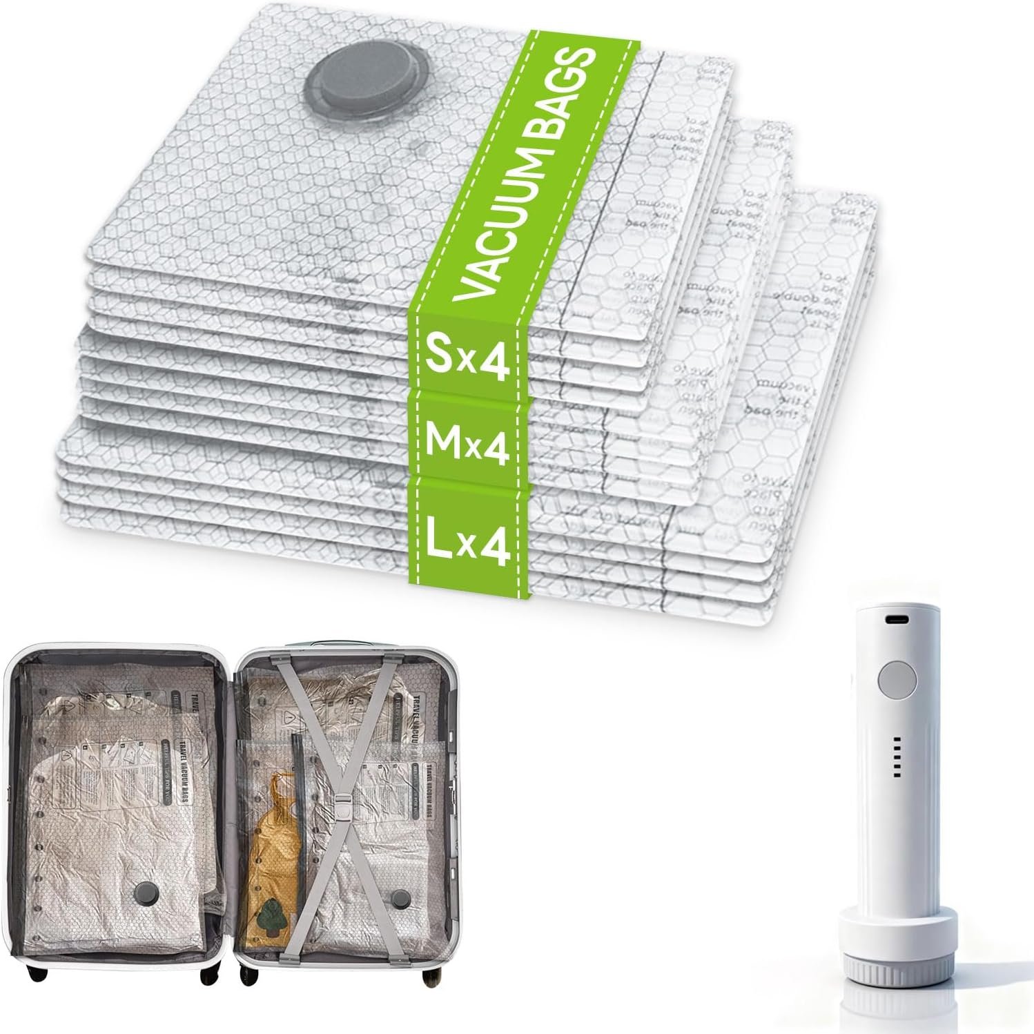12 Pack Vacuum Bags for Travel with Rechargeable USB Electric Pump,Space Saver Storage Bags for Luggage and Suitcase,Portable Cordless Travel Vacuum Bag Set Seal Bags